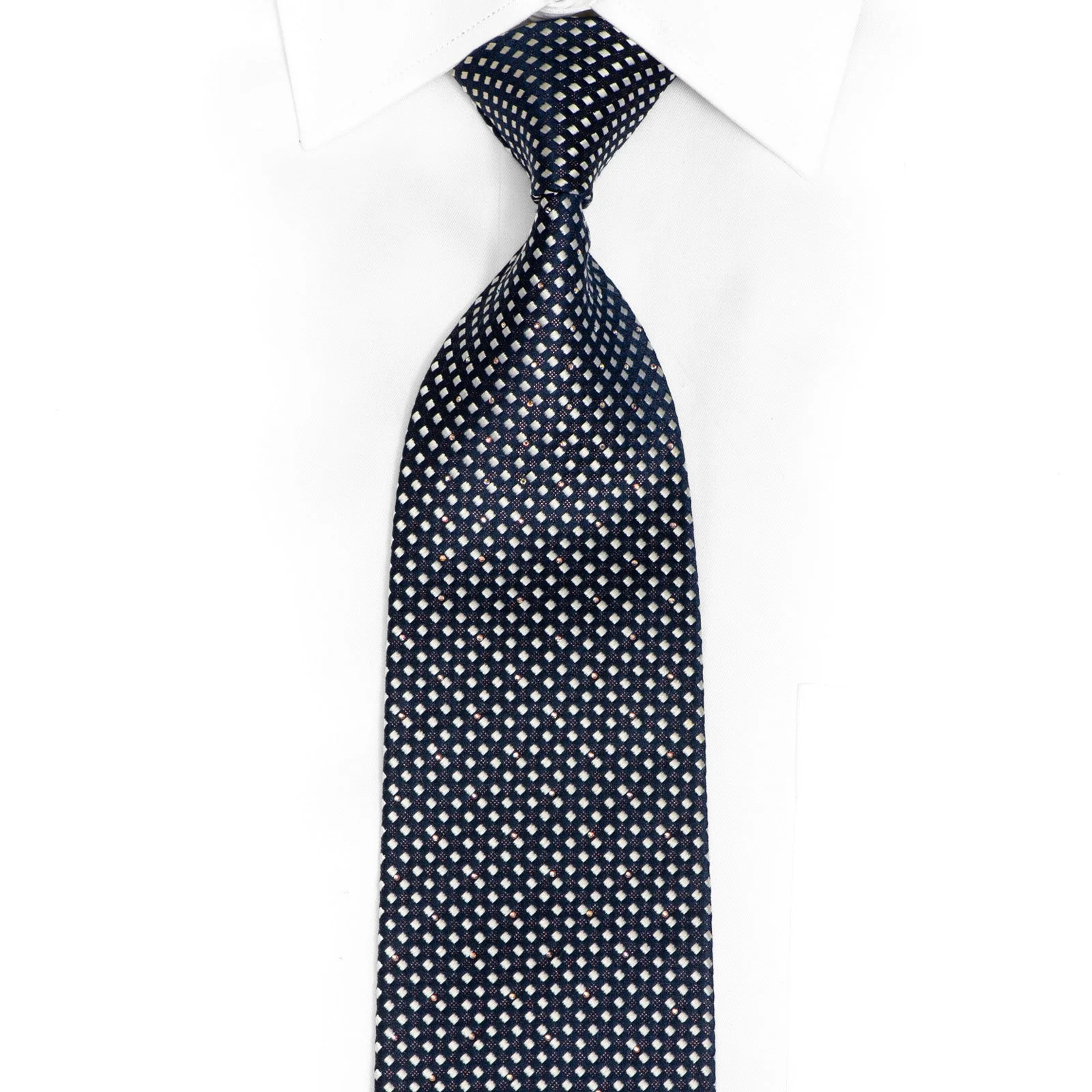 Silver Navy Micro Checker Rhinestone Silk Necktie With Red Sparkles