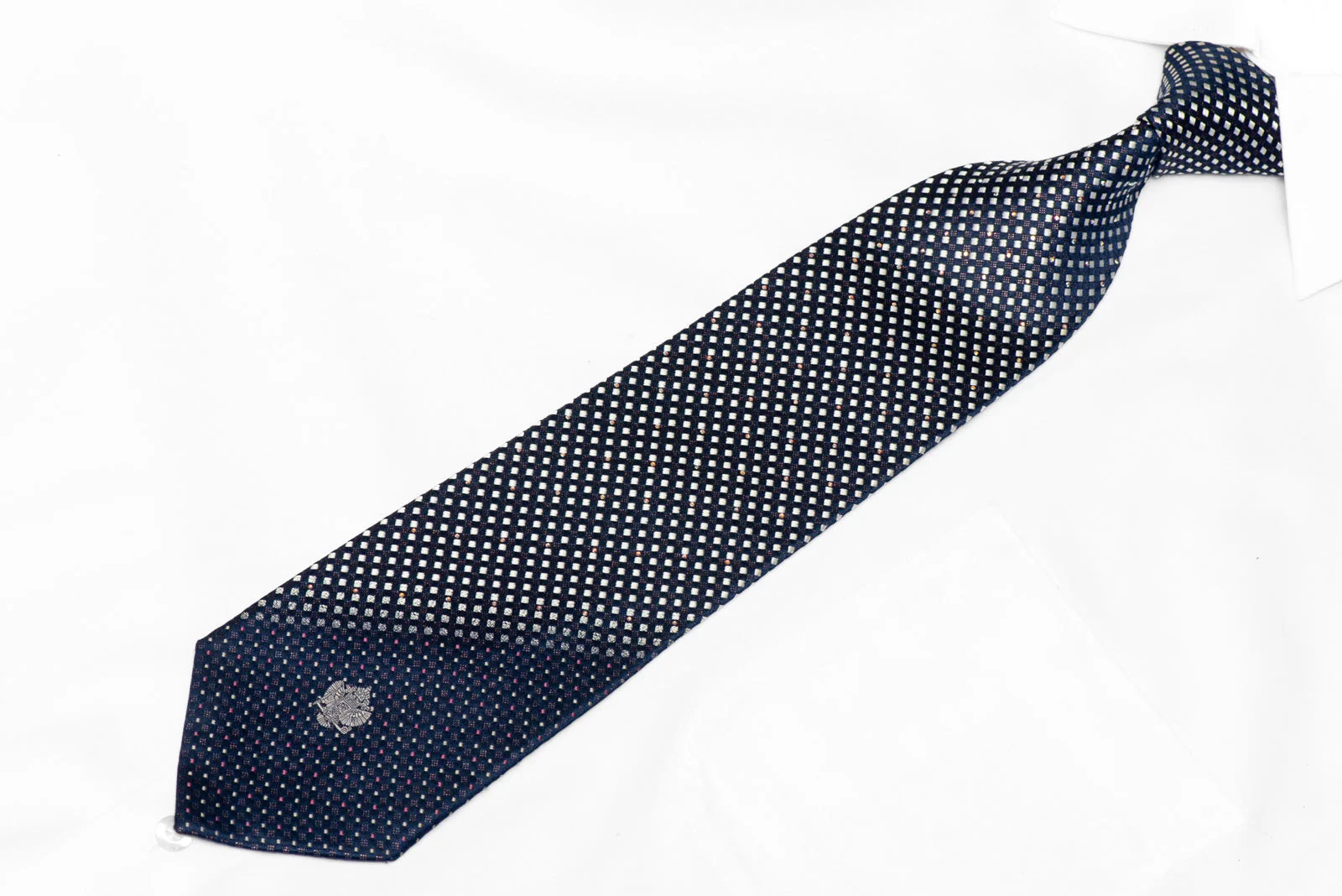 Silver Navy Micro Checker Rhinestone Silk Necktie With Red Sparkles - Image 2