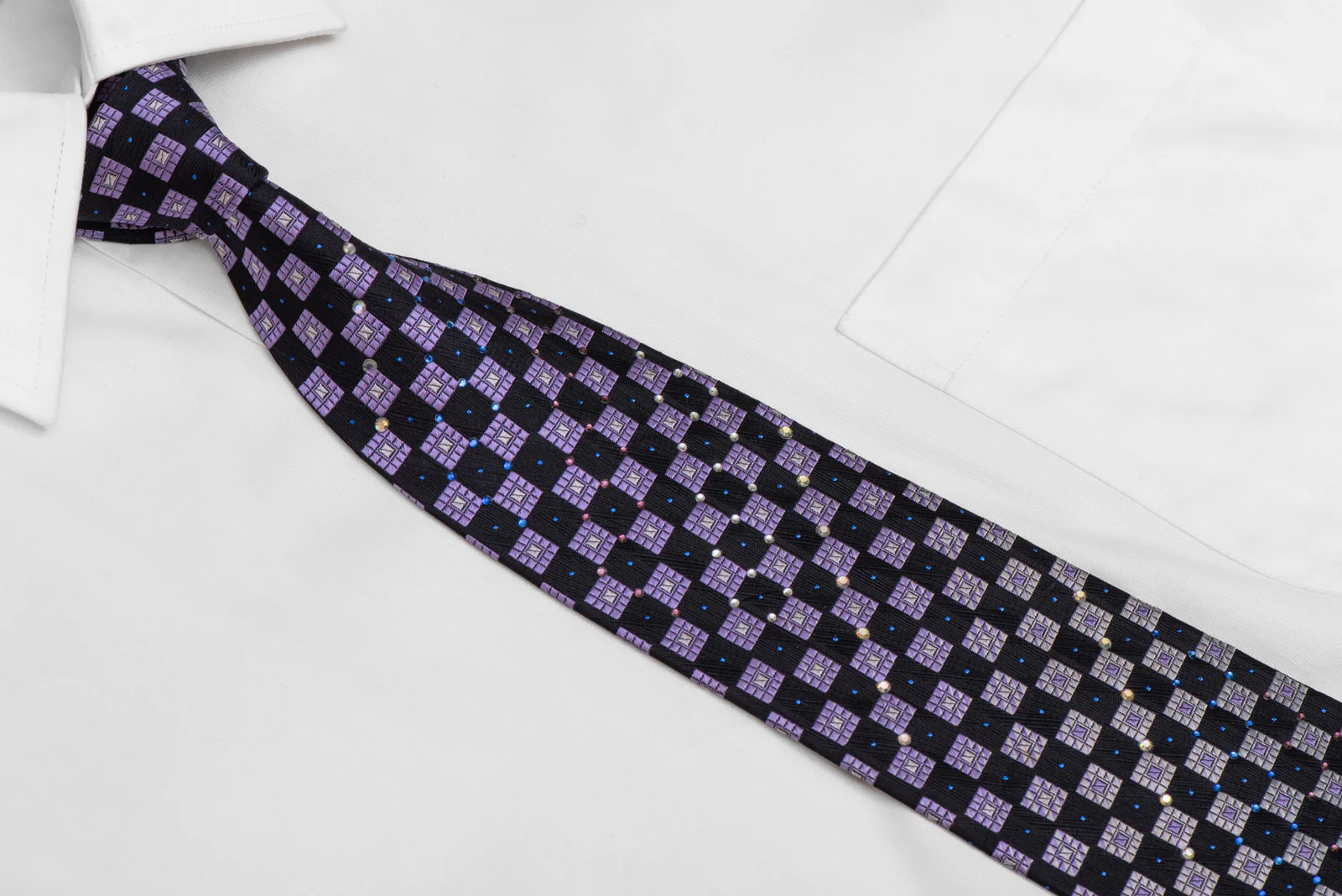 Silver Navy Purple Checkered Rhinestone Silk Necktie With Blue Sparkles - Image 2