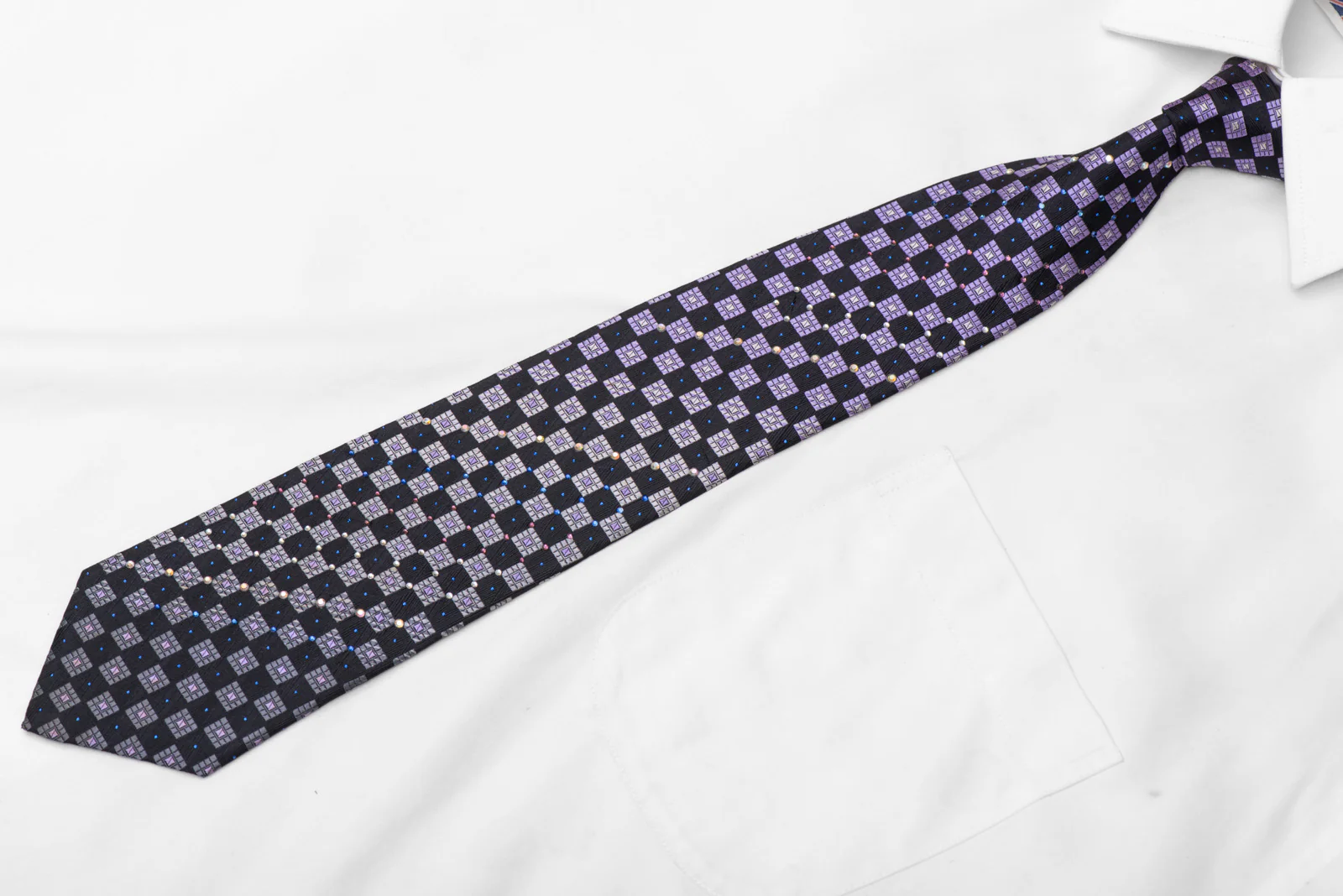 Silver Navy Purple Checkered Rhinestone Silk Necktie With Blue Sparkles - Image 3