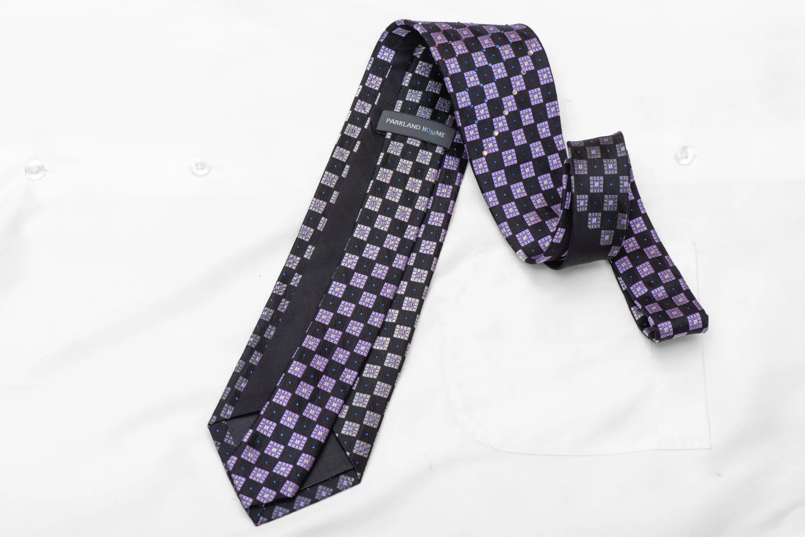 Silver Navy Purple Checkered Rhinestone Silk Necktie With Blue Sparkles - Image 4