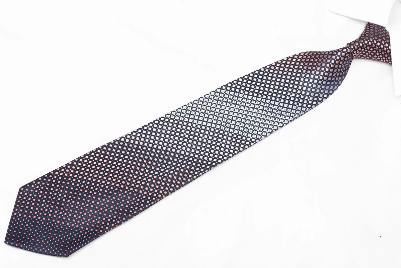 Silver Orange Geometric On Navy Blue Rhinestone Silk Necktie With Sparkles - Image 2