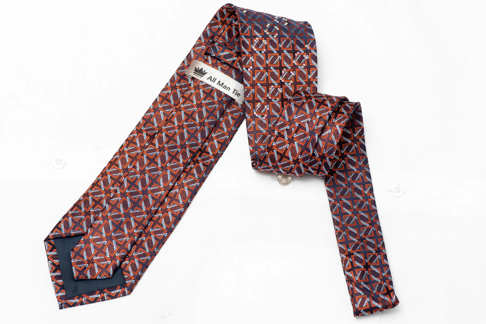 Silver Orange Geometric On Navy Rhinestone Tie With Silver Sparkles - Image 3