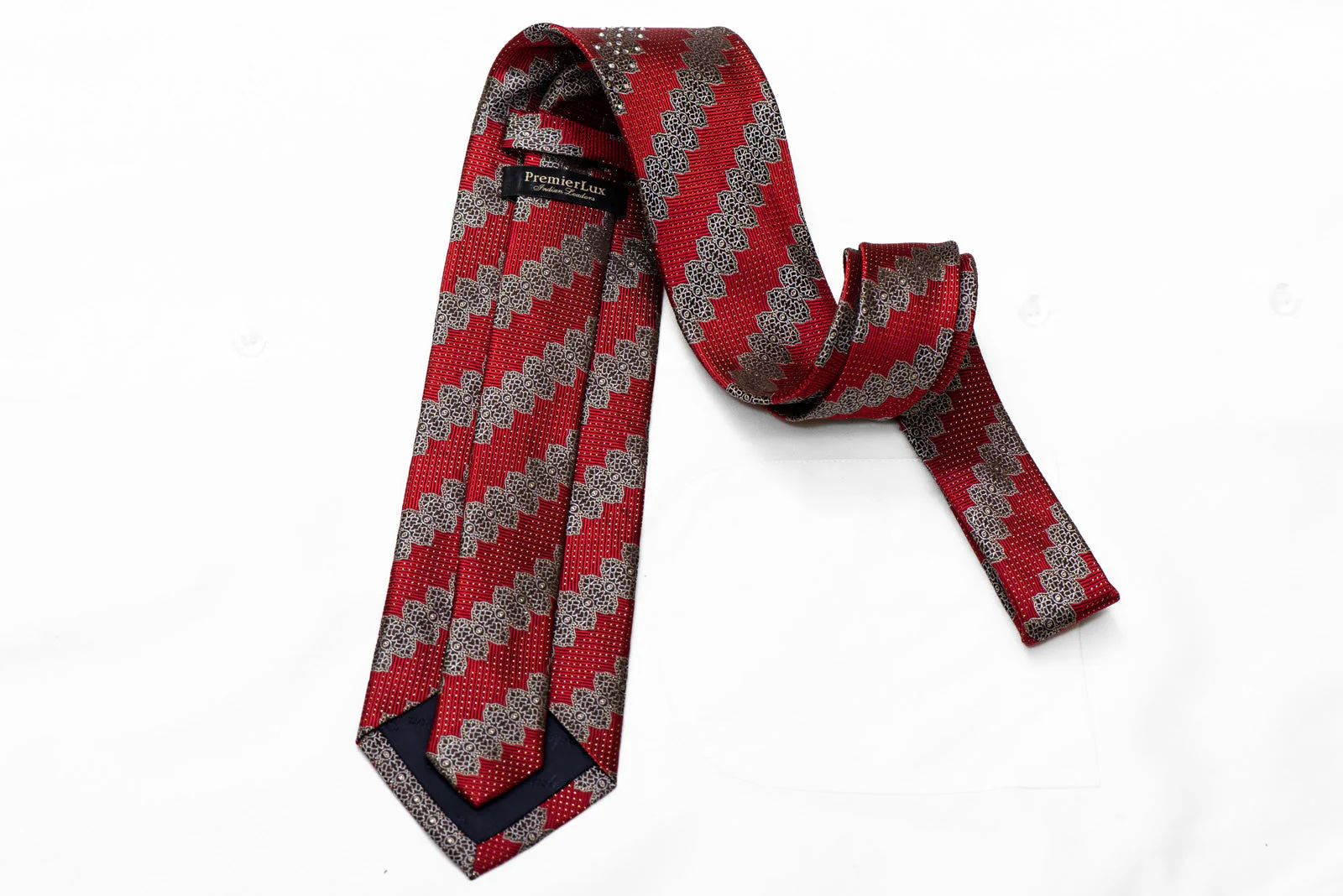 Silver Ornate Design On Burgundy Rhinestone Silk Necktie With Golden Sparkles - Image 4