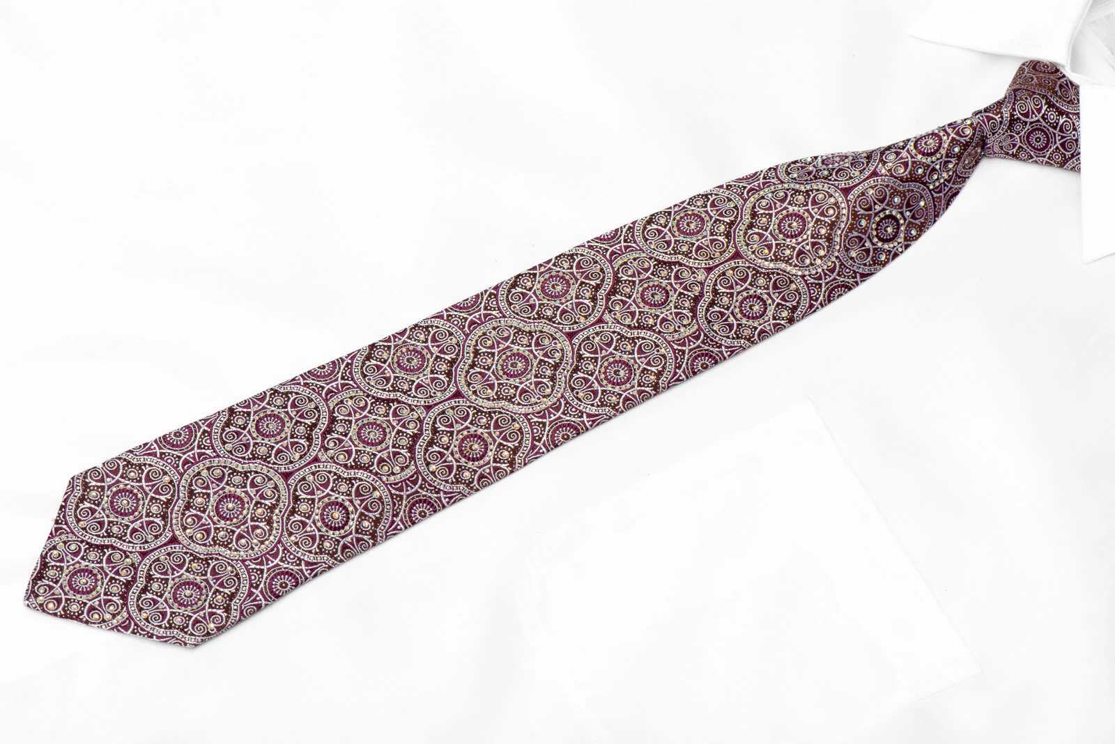 Silver Ornate Design On Burgundy Rhinestone Silk Necktie With Silver Sparkles - Image 2