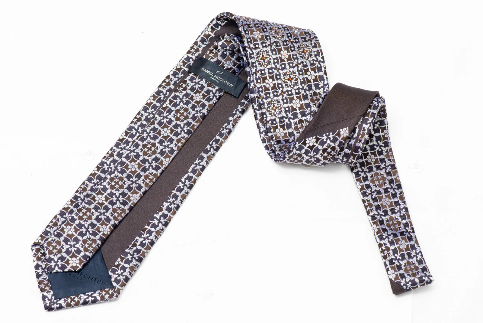 Silver Ornate Design On Navy Rhinestone Silk Necktie - Image 3