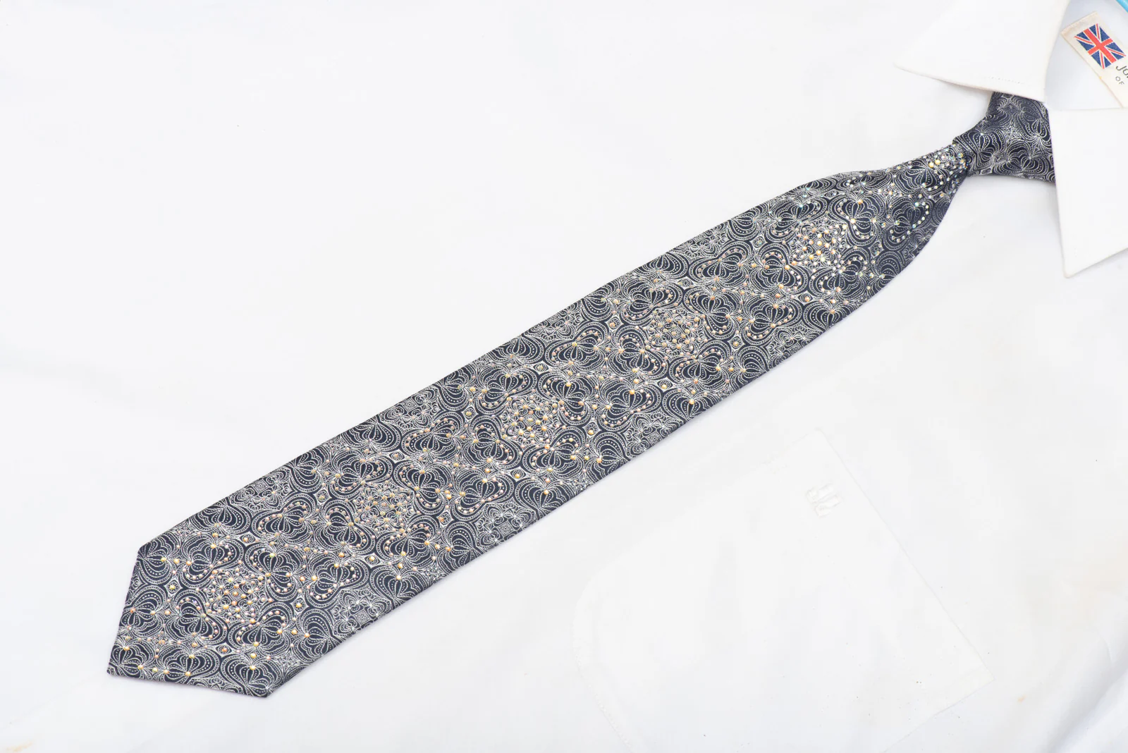 Silver Ornate Design On Navy Rhinestone Silk Necktie - Image 2