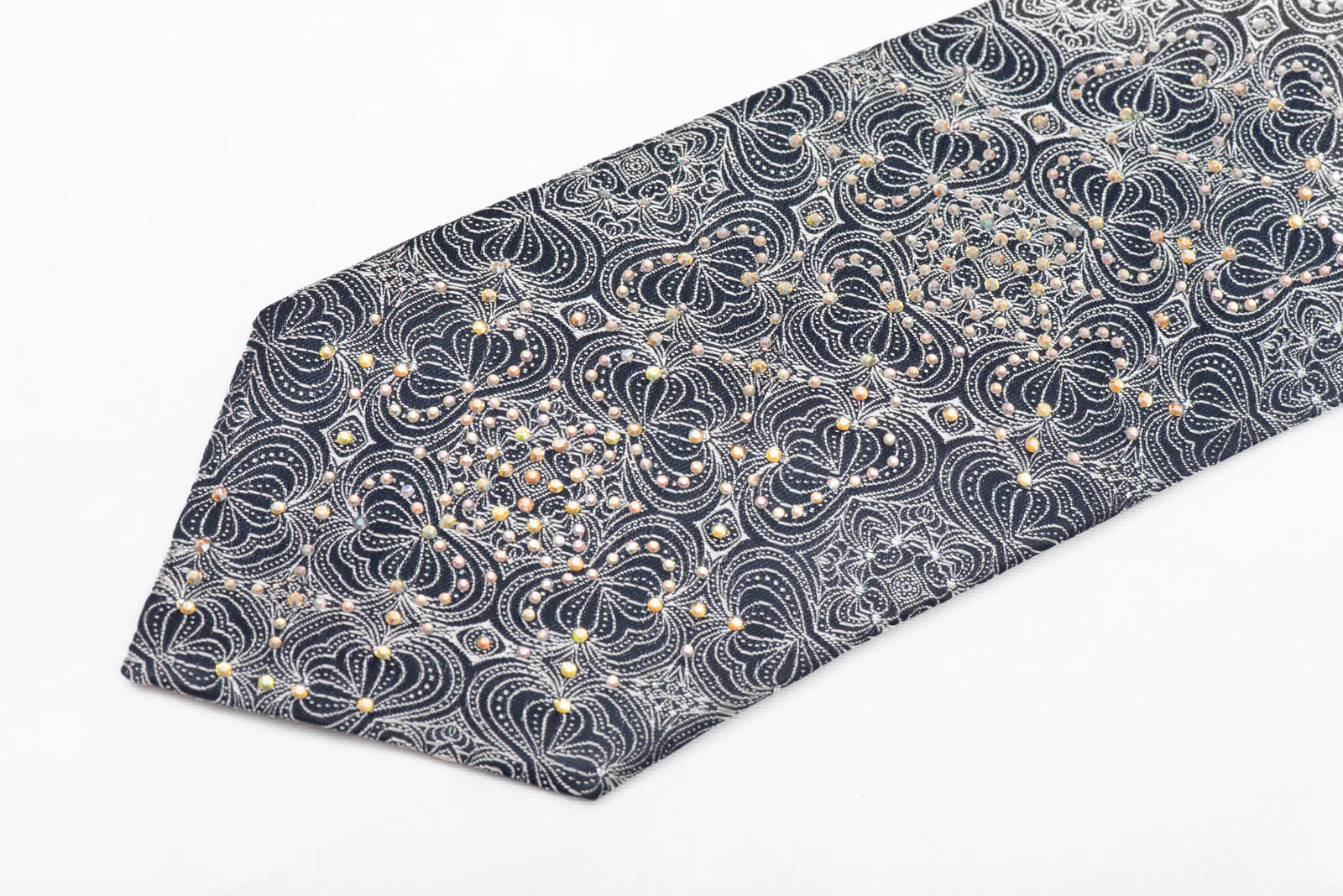 Silver Ornate Design On Navy Rhinestone Silk Necktie - Image 3
