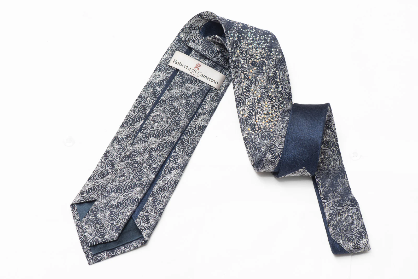 Silver Ornate Design On Navy Rhinestone Silk Necktie - Image 4