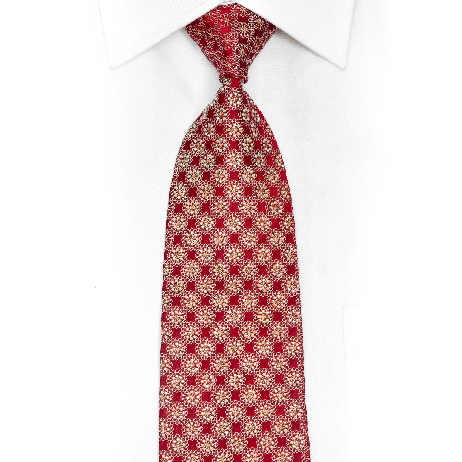 Silver Ornate On Burgundy Rhinestone Silk Tie With Sparkles