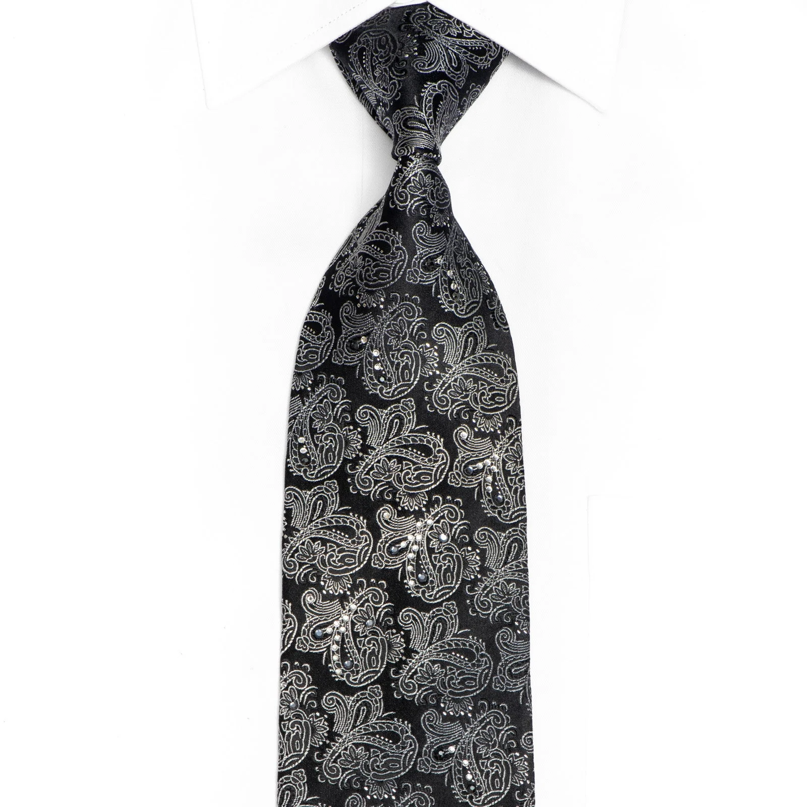 Silver Paisley On Black Rhinestone Silk Tie With Silver Sparkles