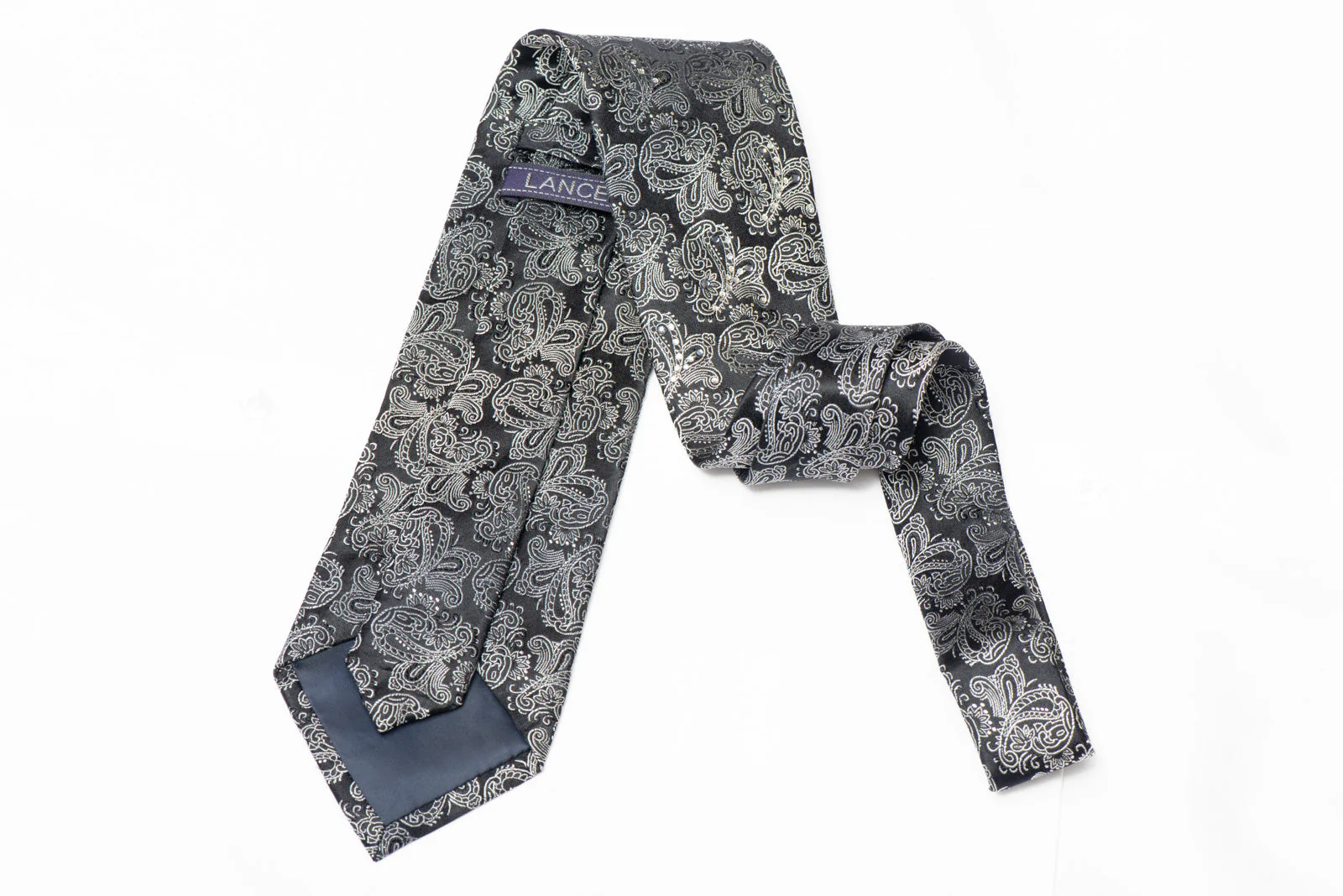 Silver Paisley On Black Rhinestone Silk Tie With Silver Sparkles - Image 3
