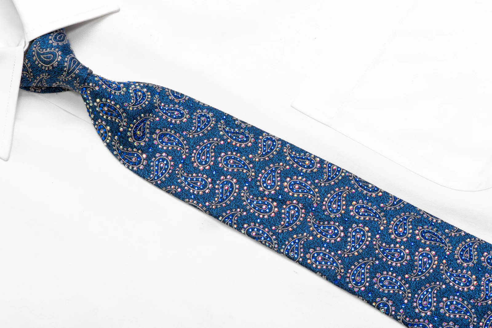 Silver Paisley On Blue Rhinestone Silk Necktie - Image 2