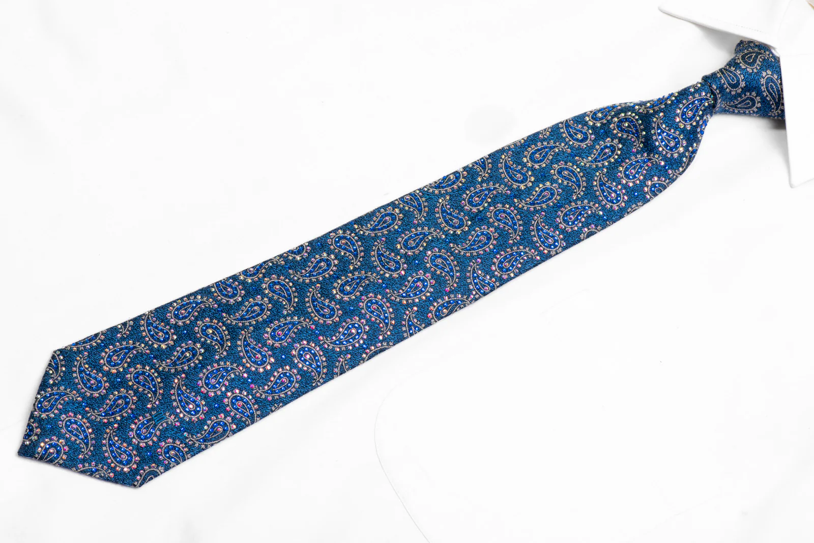 Silver Paisley On Blue Rhinestone Silk Necktie - Image 3