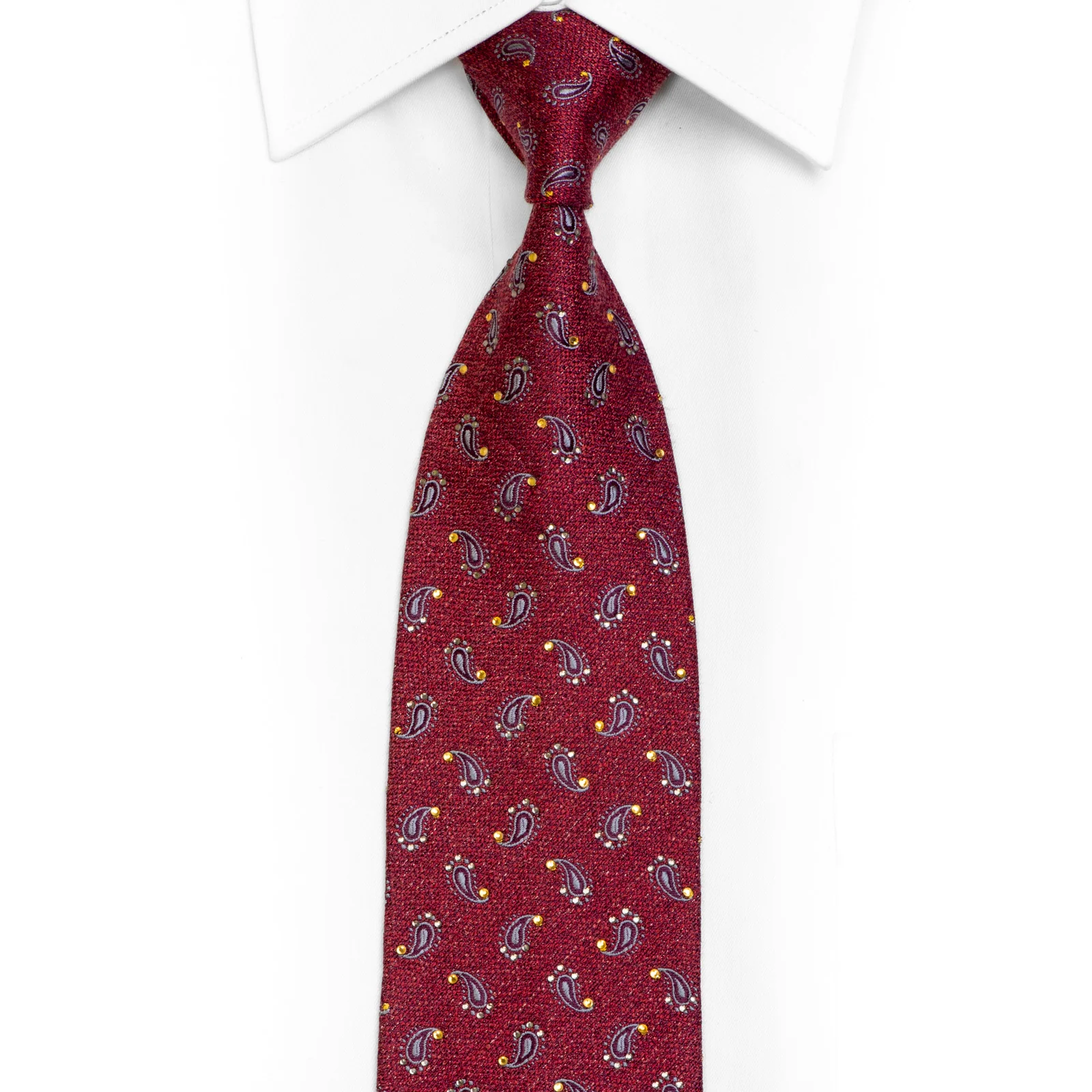 Silver Paisley On Burgundy Rhinestone Silk Necktie