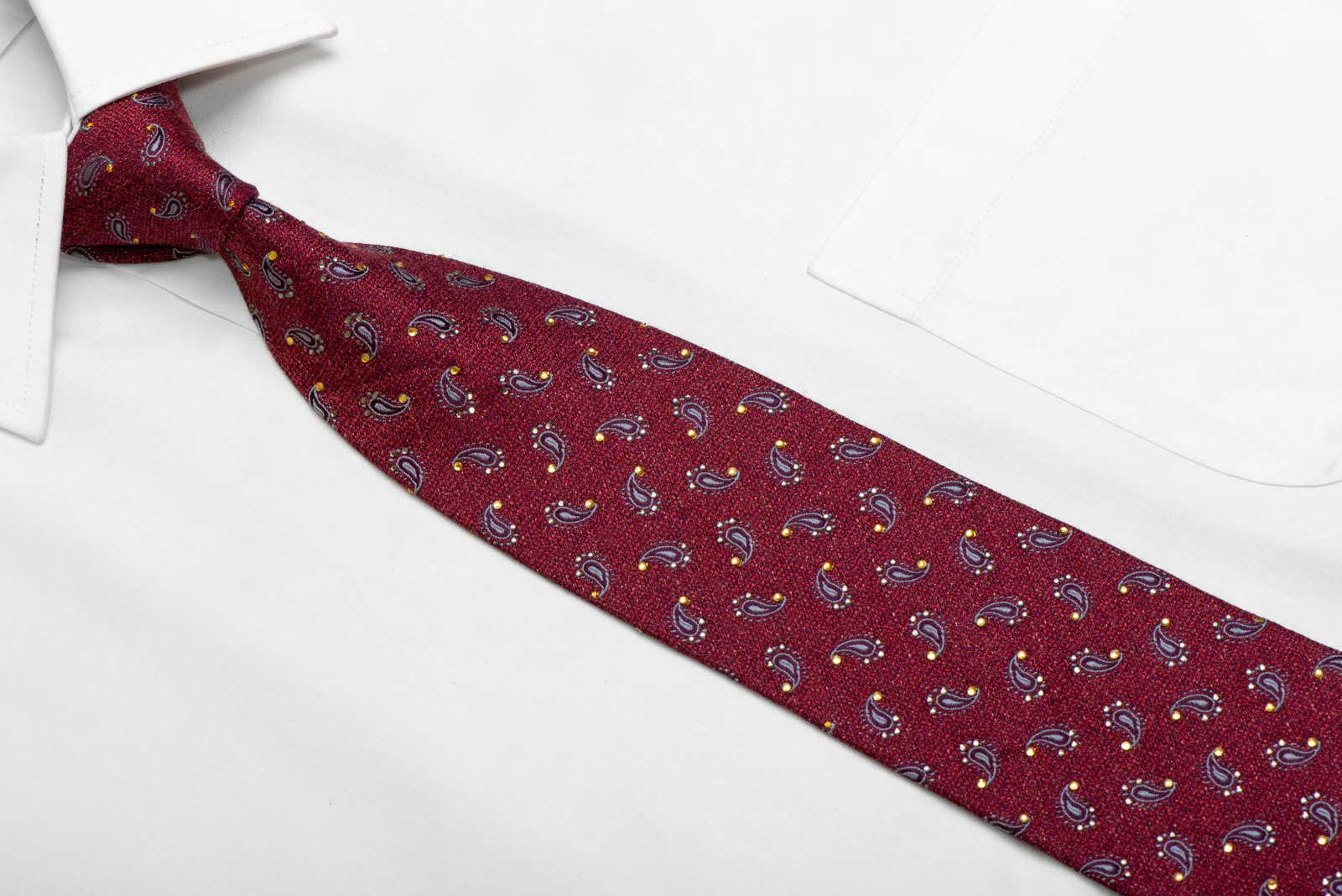 Silver Paisley On Burgundy Rhinestone Silk Necktie - Image 2