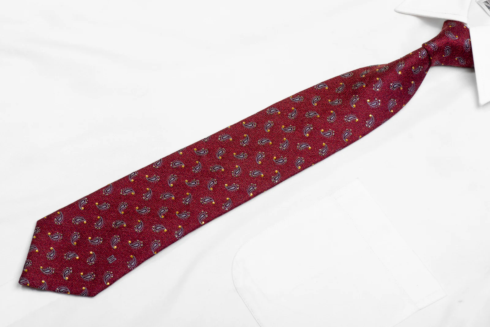Silver Paisley On Burgundy Rhinestone Silk Necktie - Image 3