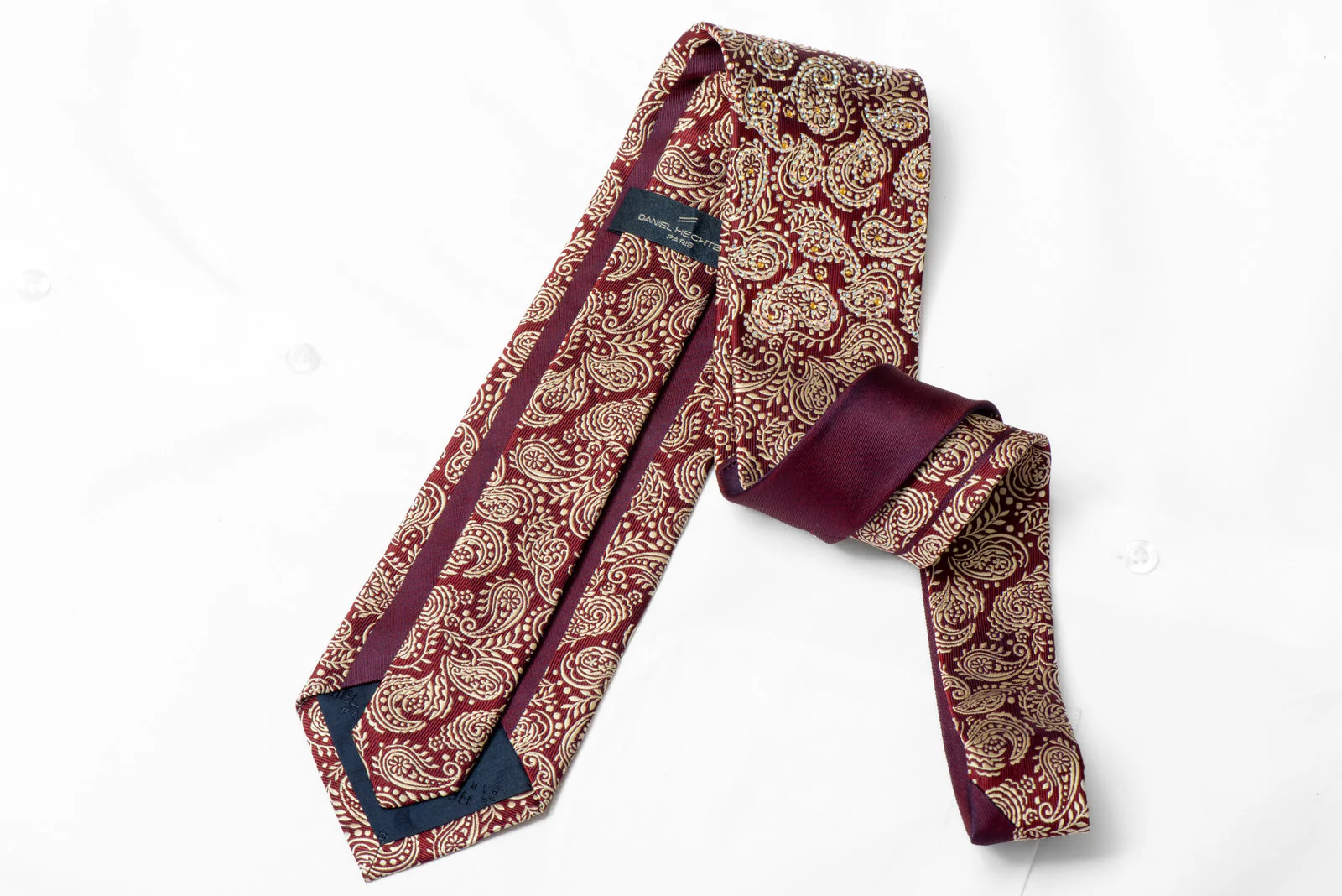 Silver Paisley On Burgundy Silk Tie With Sparkling Rhinestones - Image 3