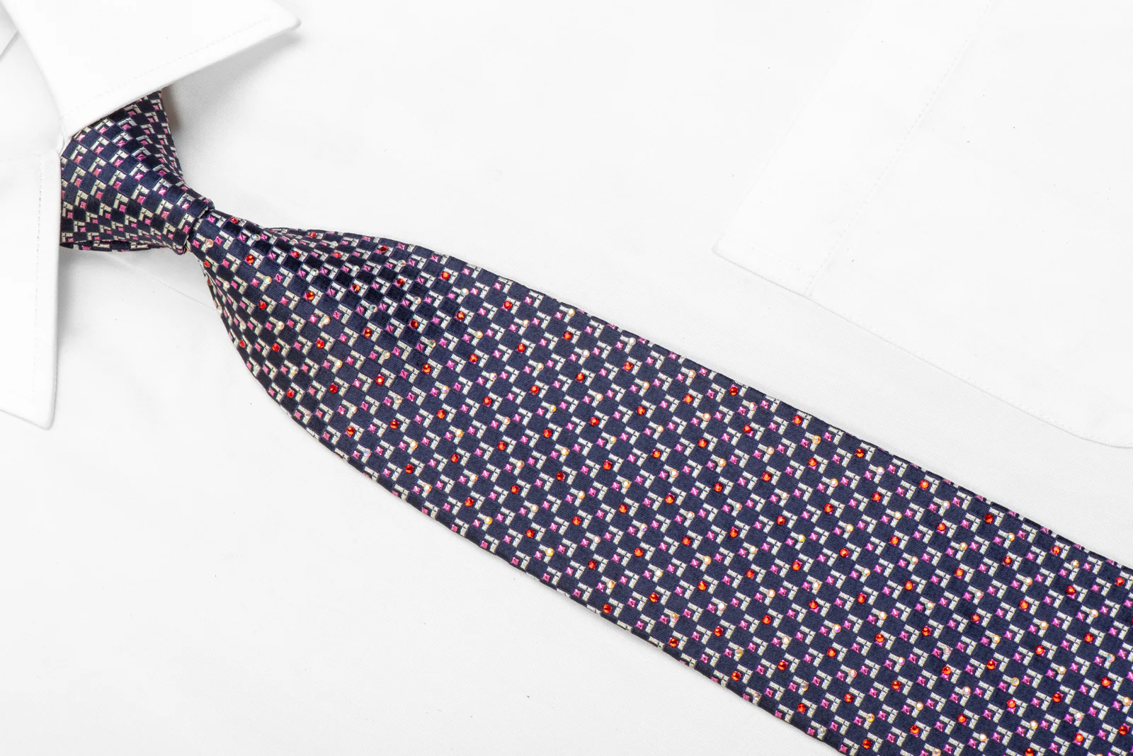 Silver Pink Geometric On Navy Rhinestone Tie With Purple Sparkles - Image 2