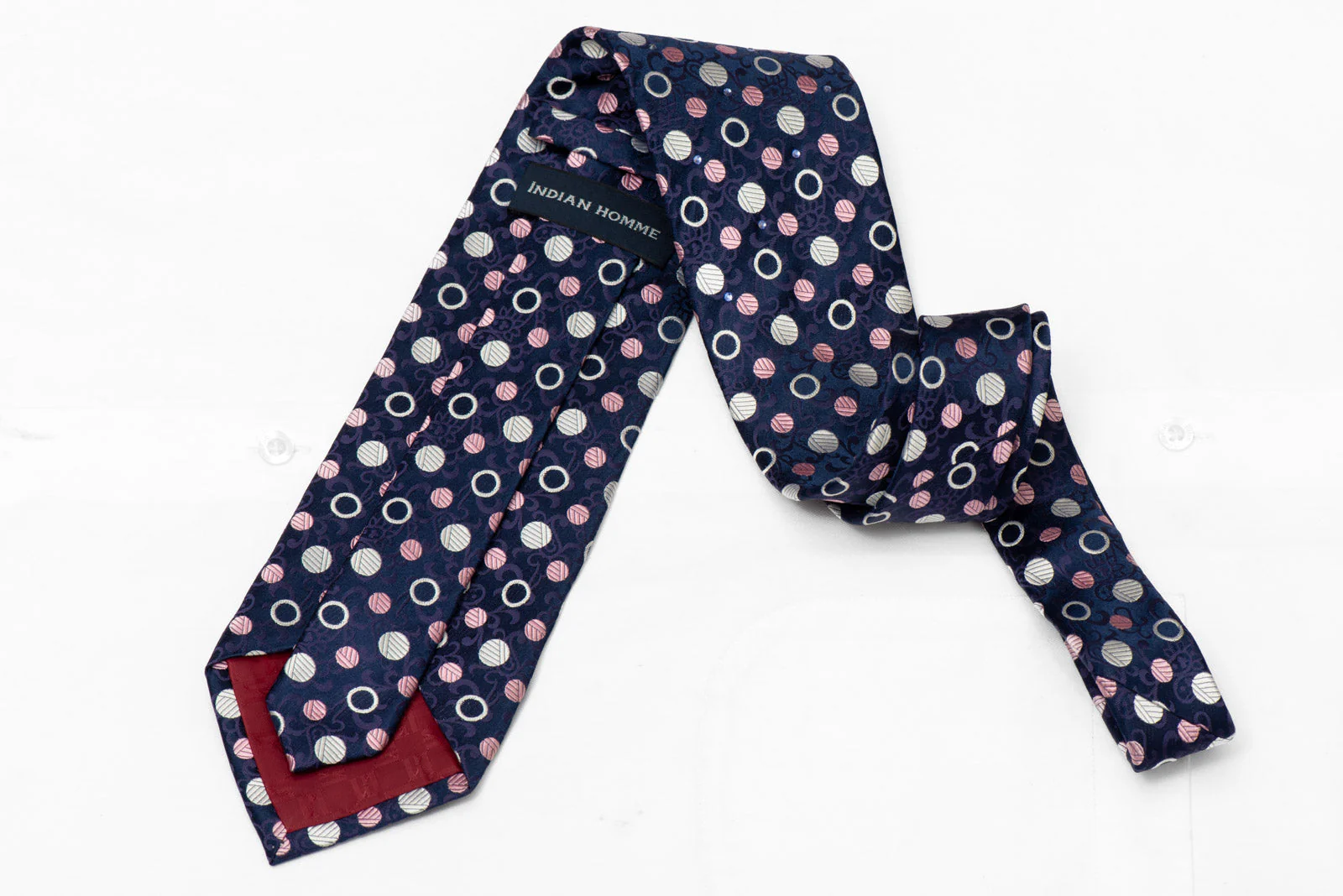 Silver Pink Polka Dots On Navy Rhinestone Silk Necktie - Image 3