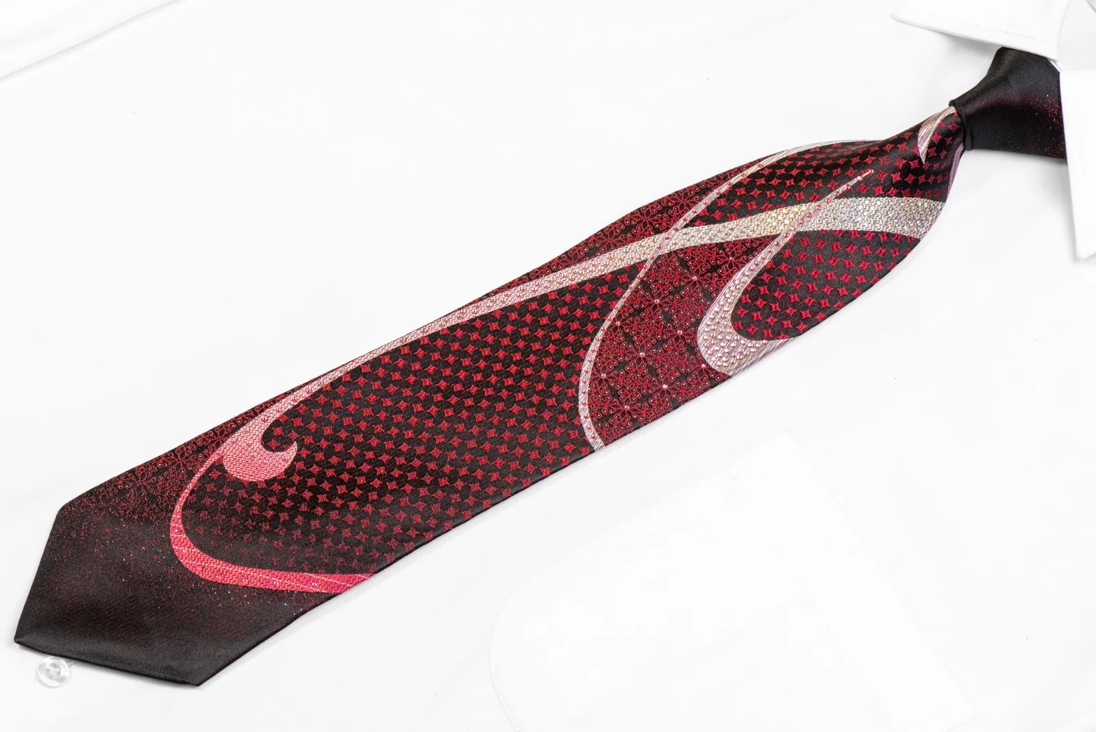 Silver Pink Scrolls & Red Geometric On Black Rhinestone Tie With Silver Sparkles - Image 3