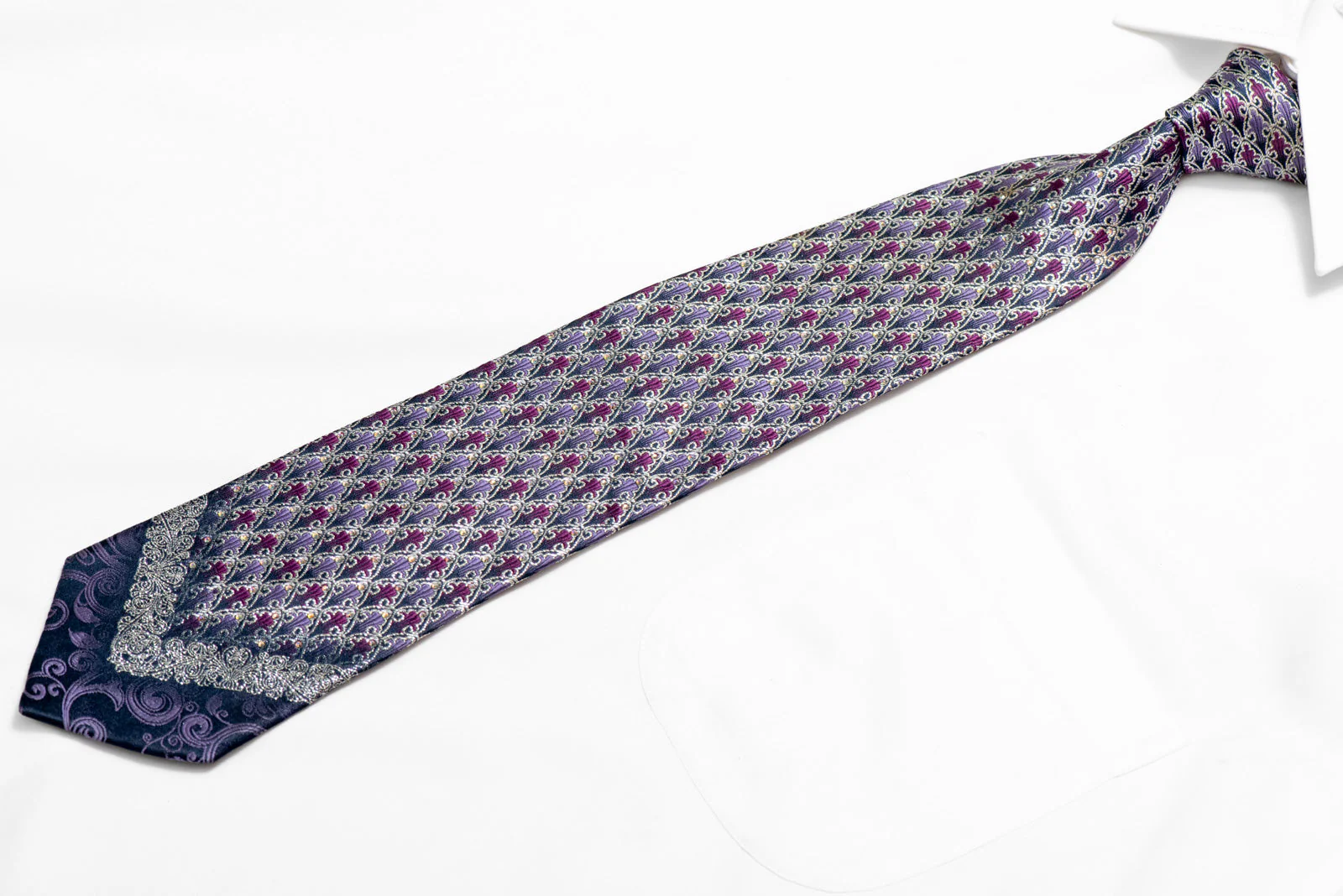 Luminous Rhinestone Silk Necktie – Purple & Silver Art Deco Pattern - Image 3