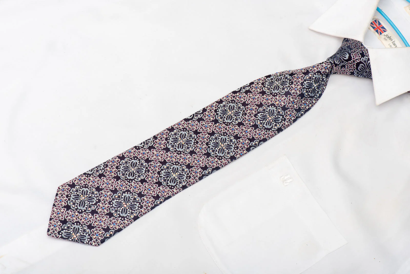 Silver Purple Cartouche On Navy Rhinestone Silk Tie With Sparkles - Image 2