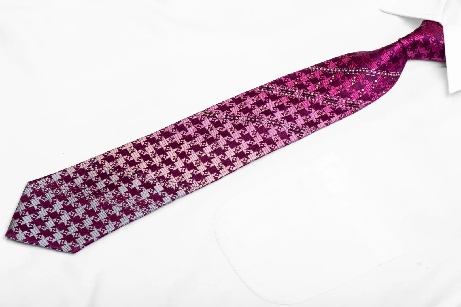 Silver Purple Checkered Rhinestone Silk Necktie Withy Silver Sparkles - Image 3