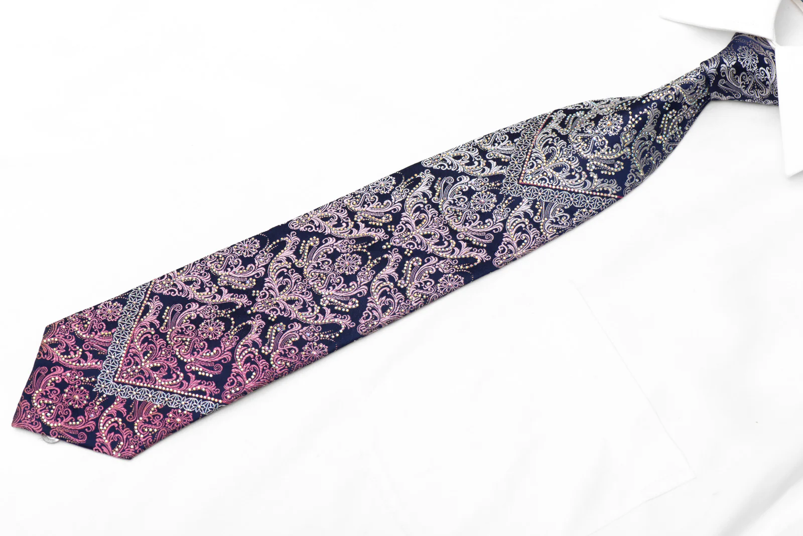 Silver Purple Damask On Navy Blue Rhinestone Silk Necktie With Silver Sparkles - Image 3