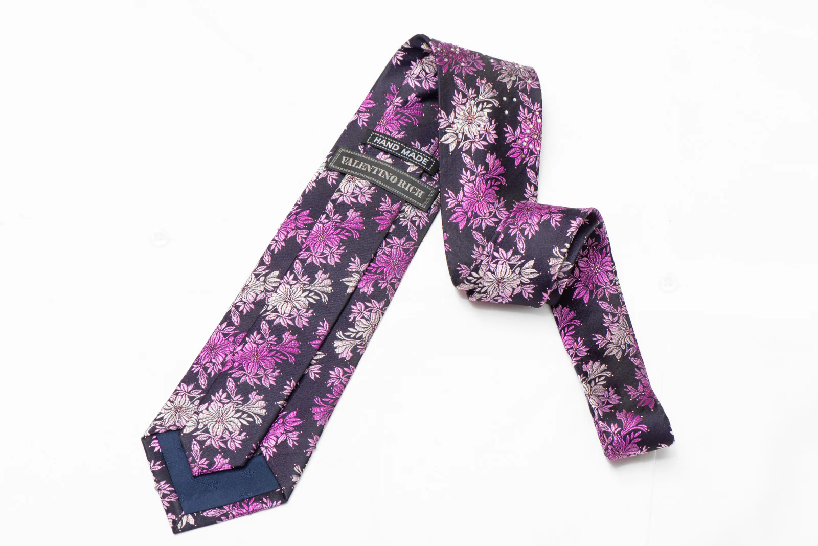 Silver Purple Floral On Navy Rhinestone Silk Necktie With Purple Sparkles - Image 3