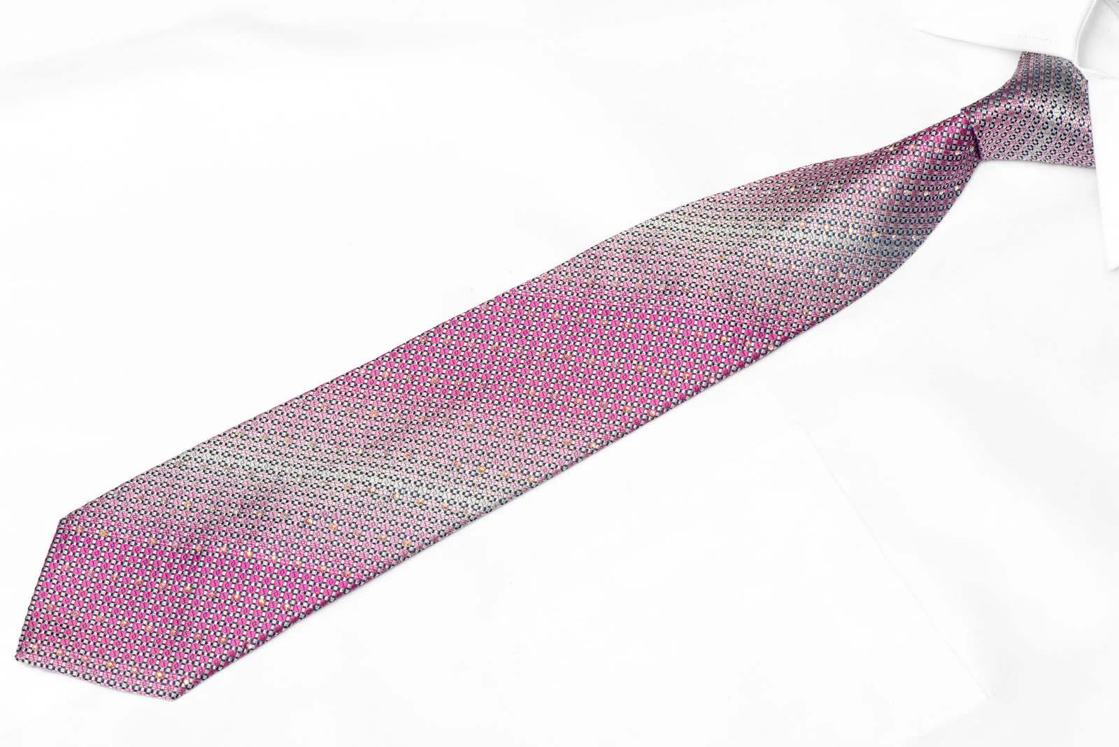 Silver Purple Geometric Design Rhinestone Silk Tie With Silver Sparkles - Image 2