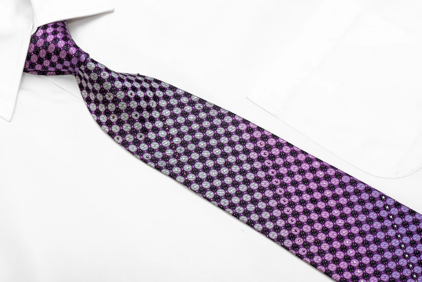 SIlver Purple Geometric Dots On Navy Rhinestone Necktie With Sparkles - Image 2