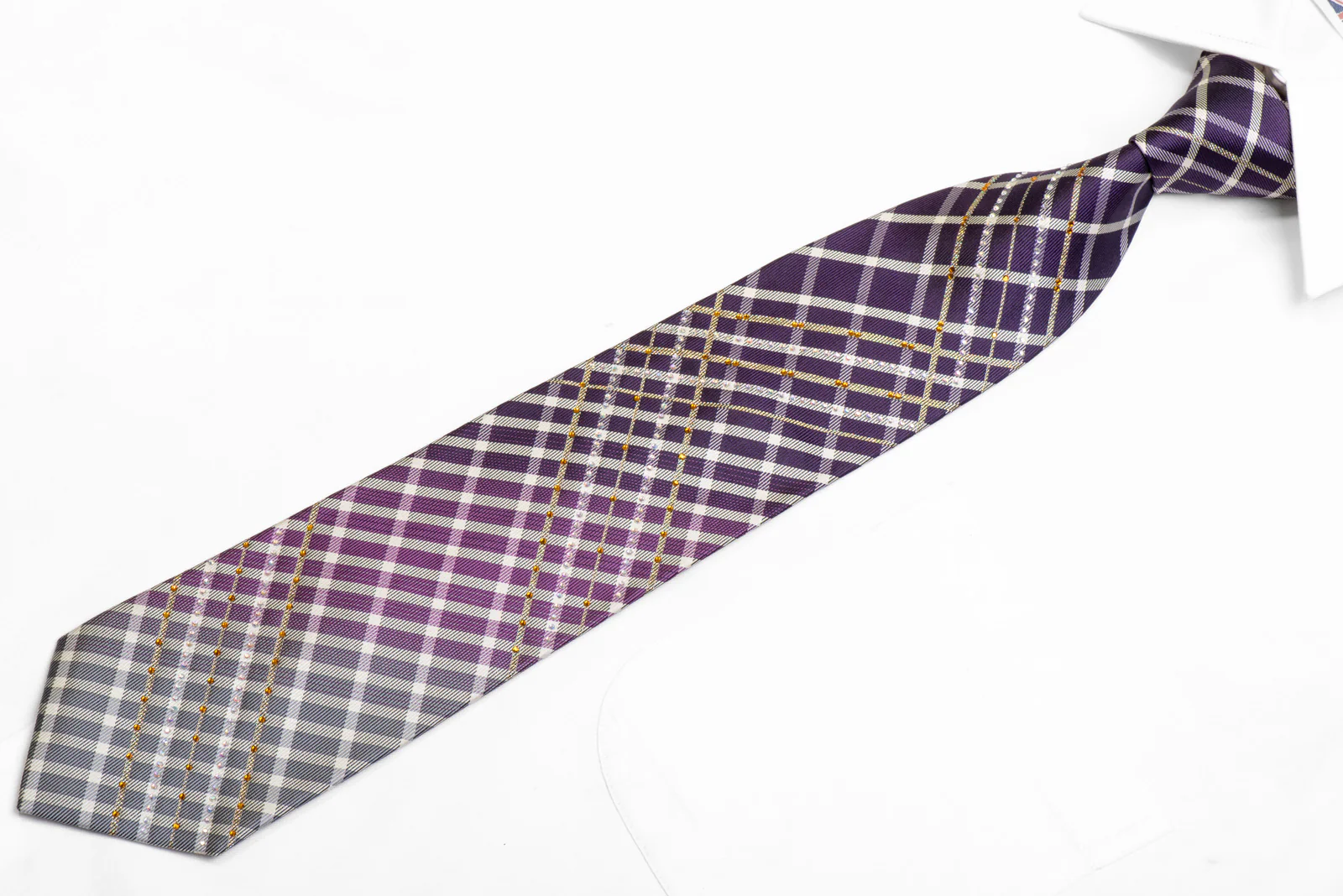 Silver Purple Plaid Rhinestone Silk Necktie With Silver Sparkles - Image 3