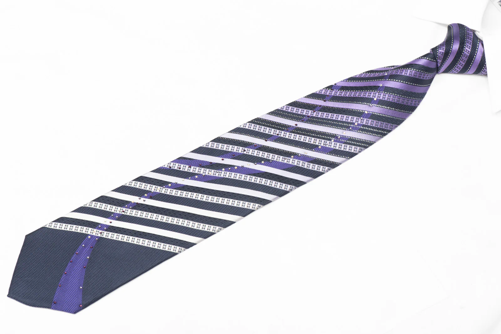 Silver Purple Striped In Navy Blue Rhinestone Silk Necktie With Sparkles - Image 2