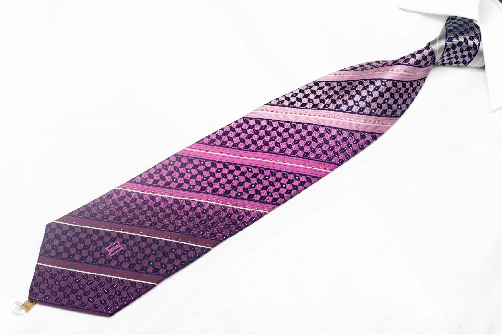 Silver Purple Striped On Navy Rhinestone Silk Tie With Sparkles - Image 2