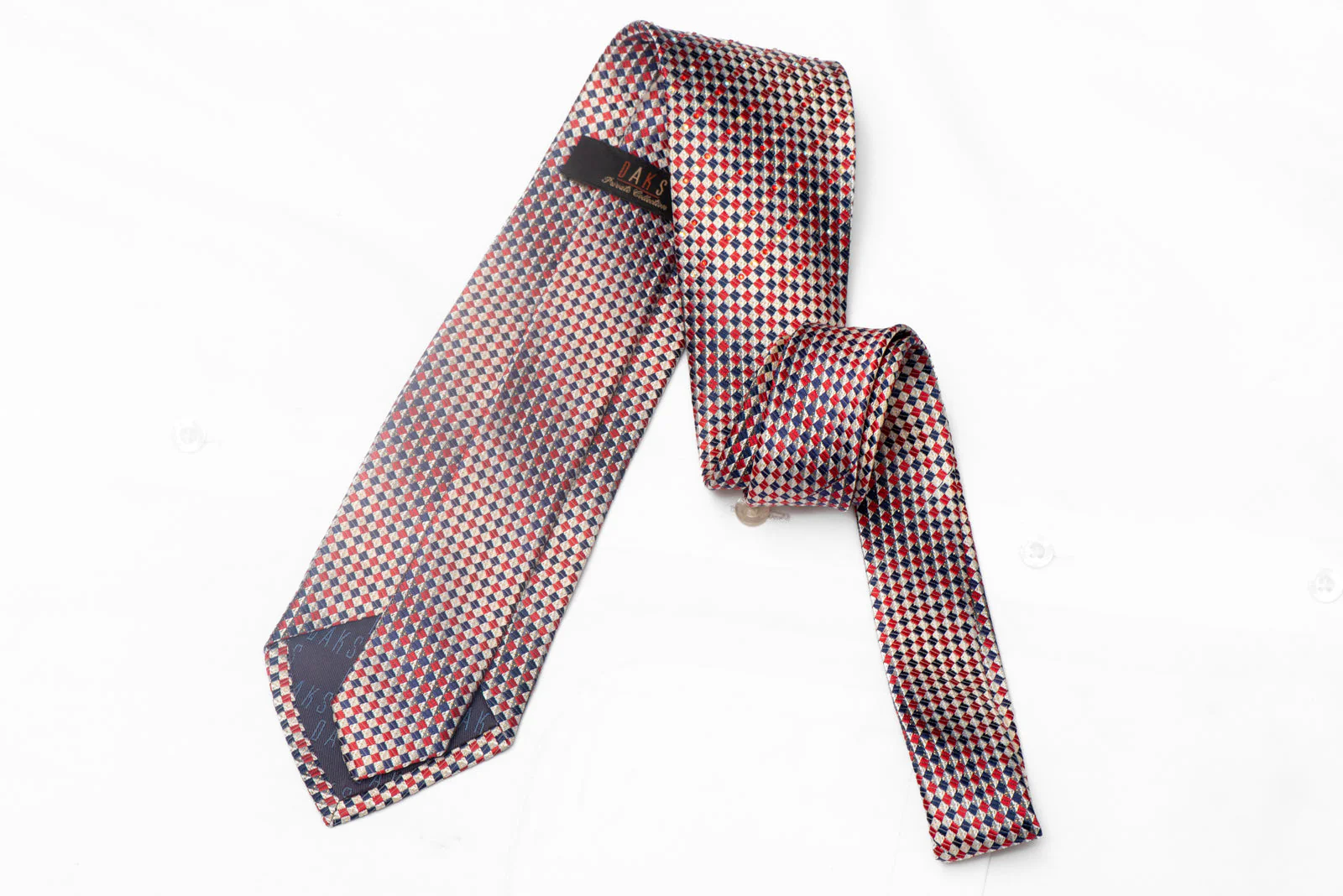 Silver Red Blue Checkered Rhinestone Silk Necktie With Silver Sparkles - Image 3