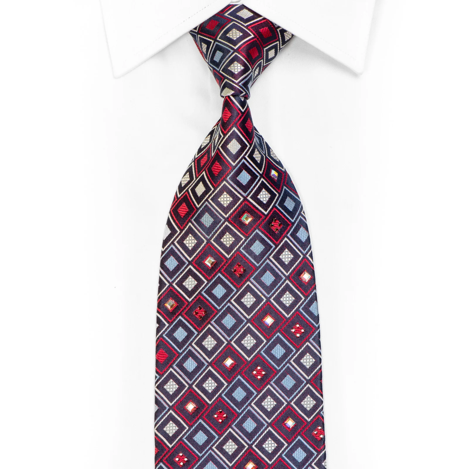 Silver Red Blue Geometric On Navy Rhinestone Silk Necktie