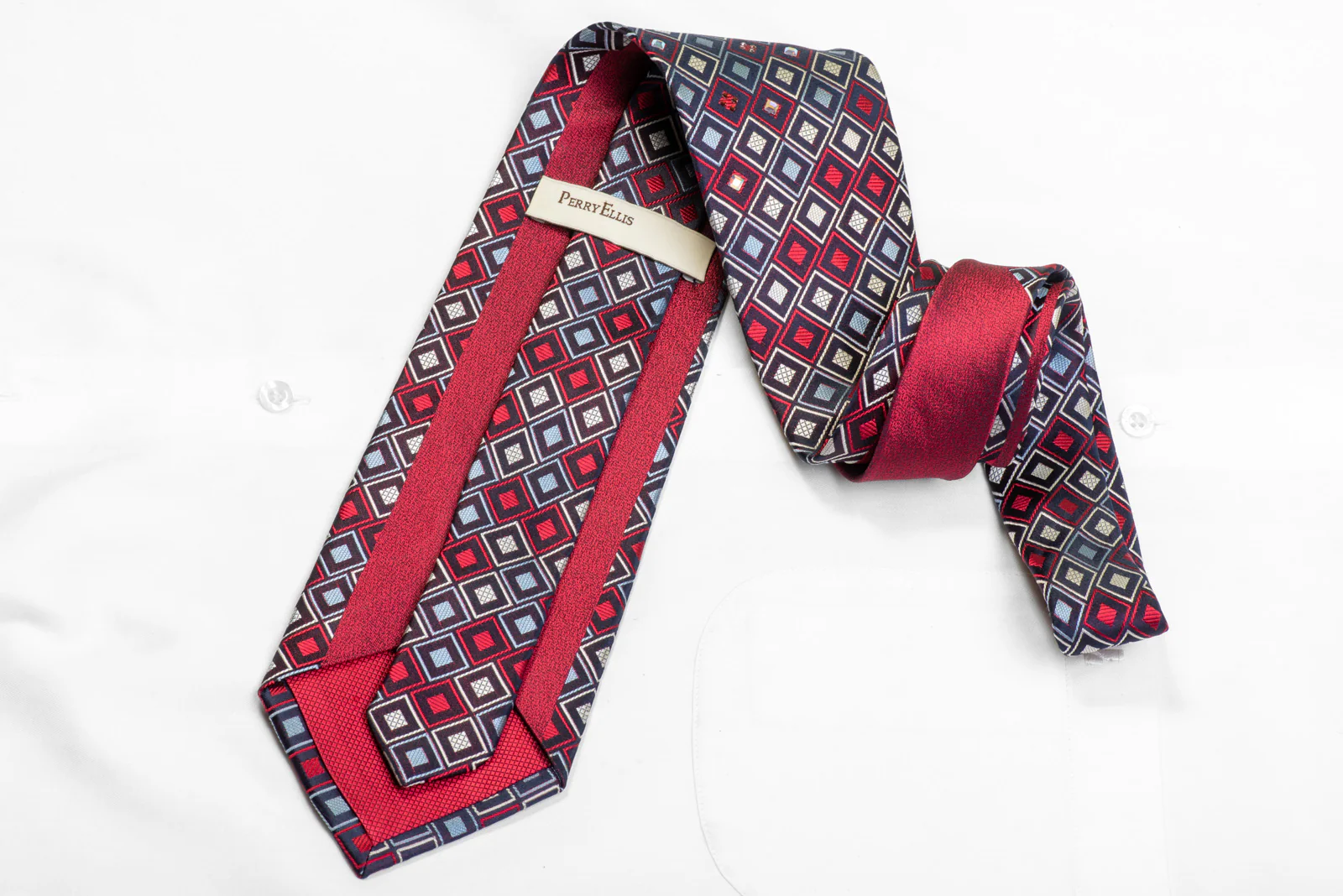 Silver Red Blue Geometric On Navy Rhinestone Silk Necktie - Image 4