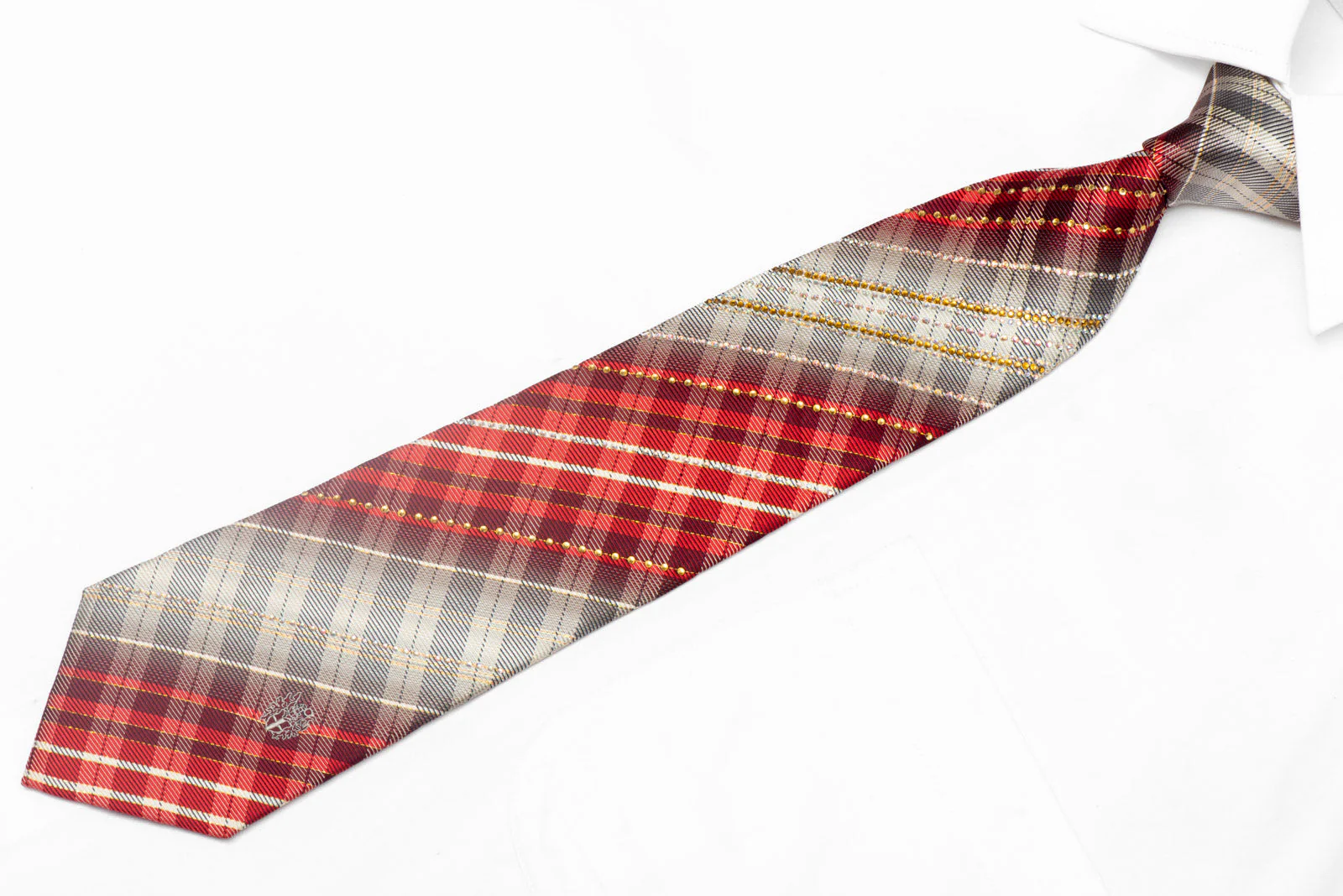 Silver Red Burgundy Plaid Design Rhinestone Silk Tie With Gold Sparkles - Image 2