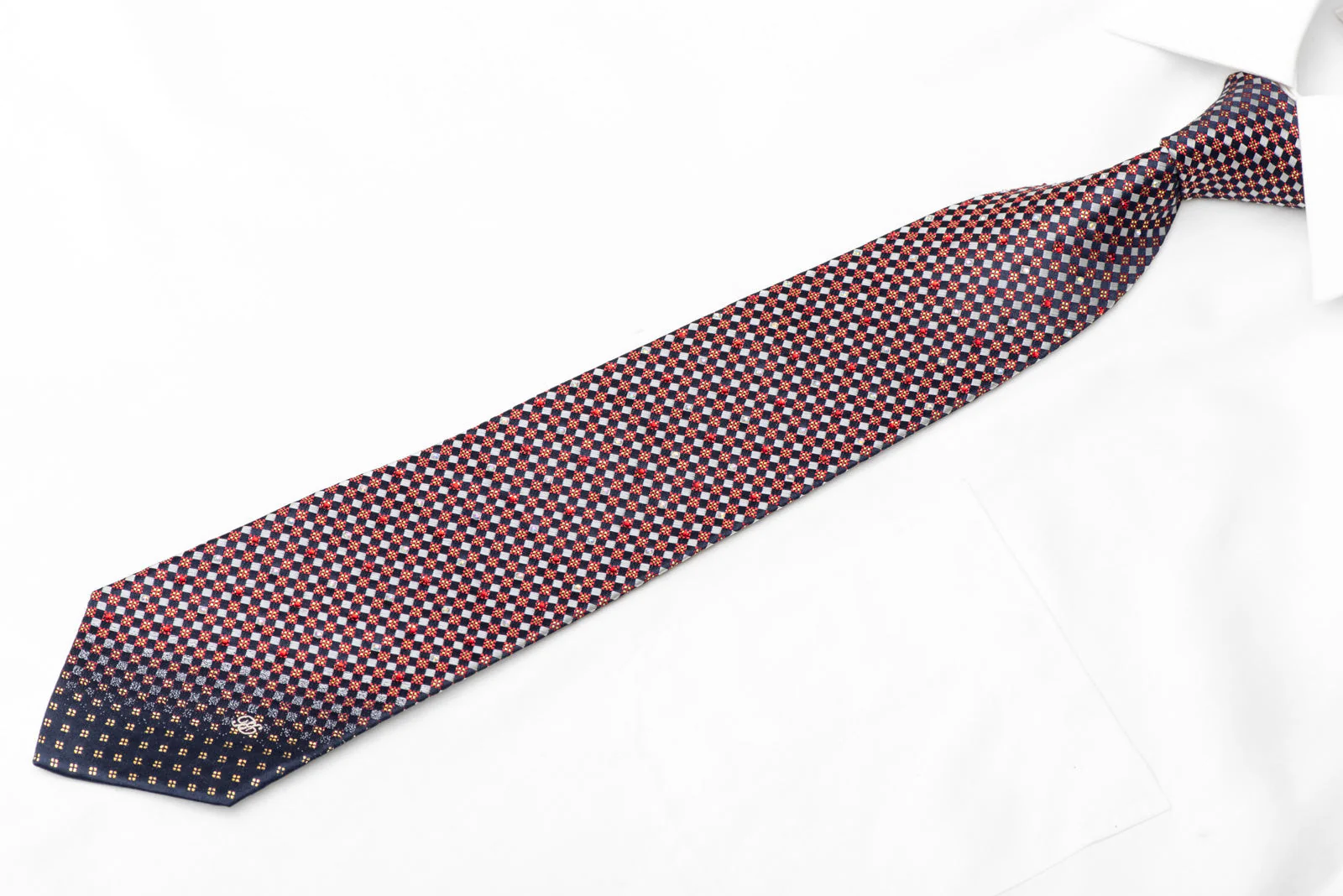 Silver Red Checkered On Navy Blue Rhinestone Silk Necktie With Gold Sparkles - Image 3