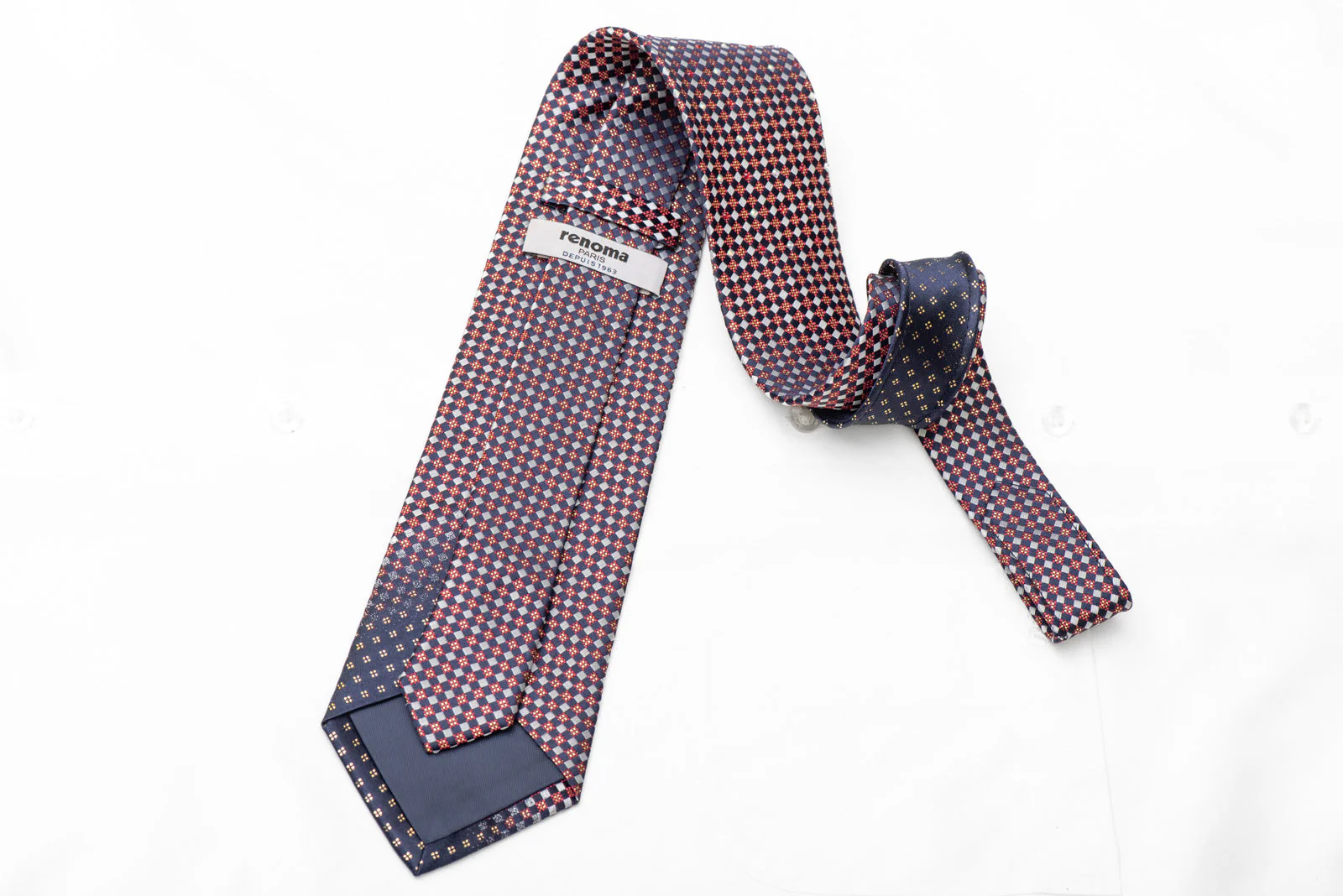 Silver Red Checkered On Navy Blue Rhinestone Silk Necktie With Gold Sparkles - Image 4