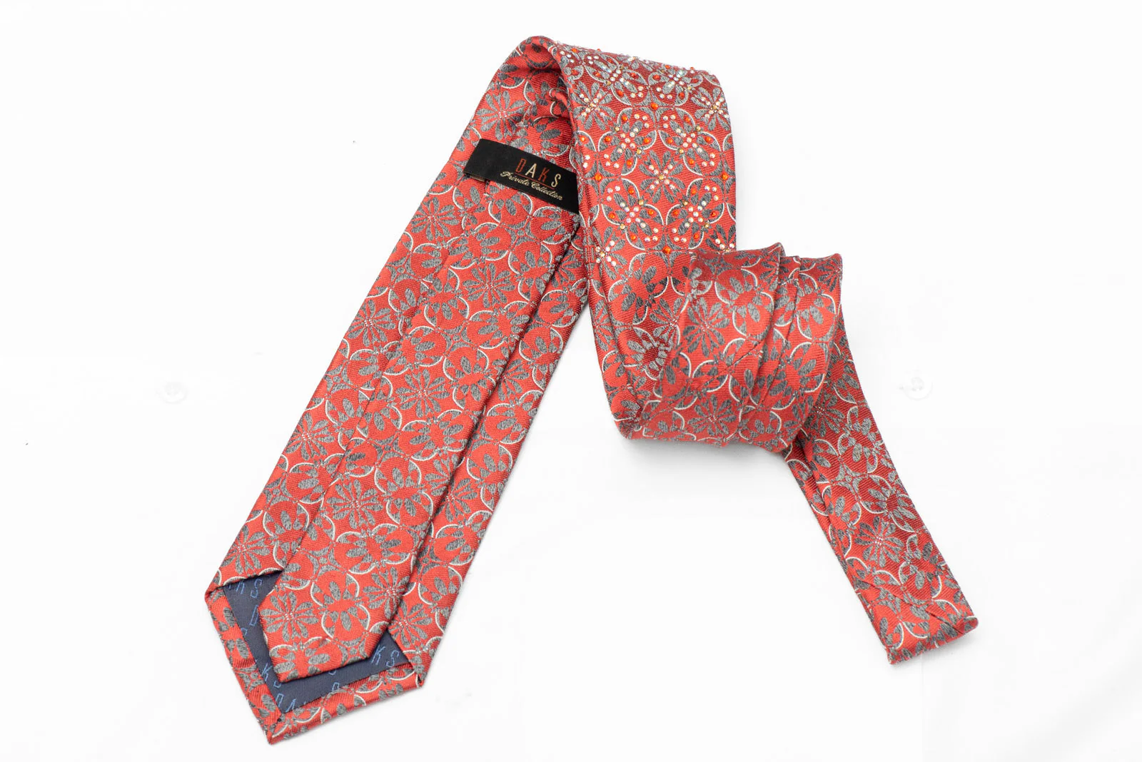 Silver Red Geometric Rhinestone Silk Necktie - Image 3