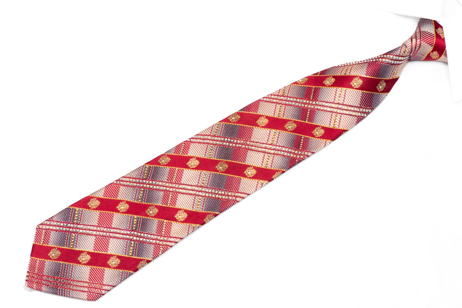 Silver Red Plaid Design Rhinestone Silk Necktie With Gold Sparkles - Image 2