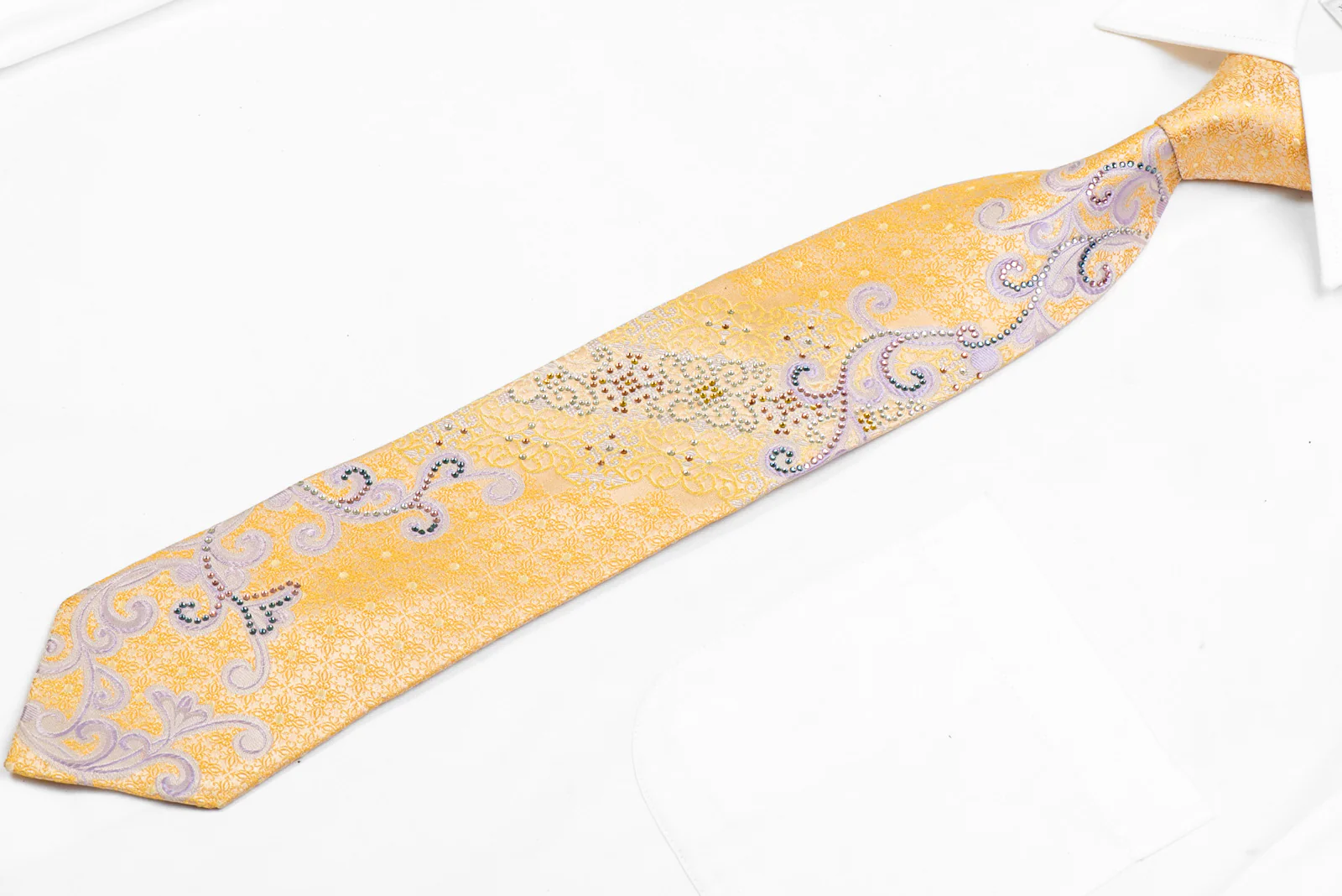 Silver Scrolls & Floral On Yellow Rhinestone Tie - Image 3