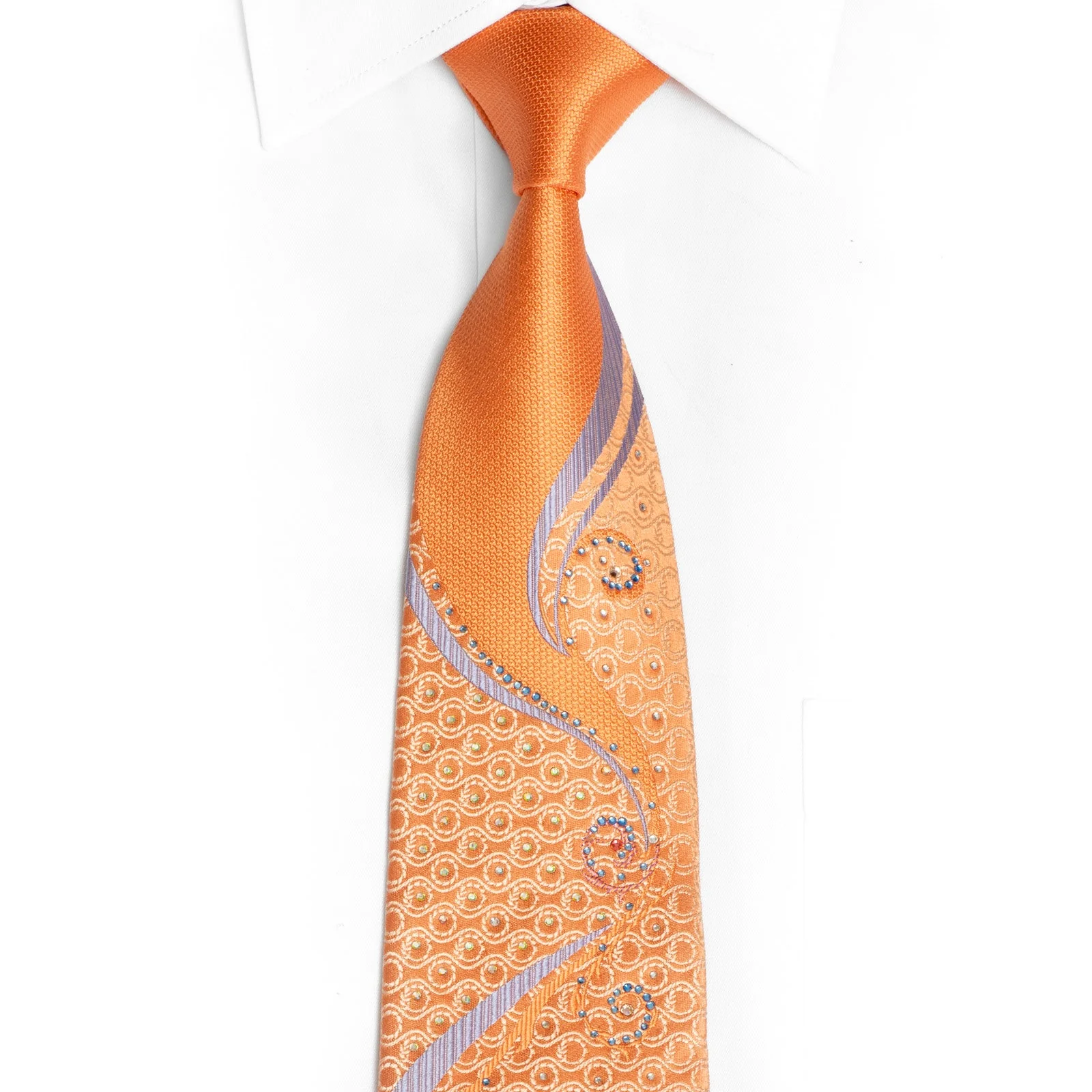 Silver Scrolls On Orange Rhinestone Silk Tie With Pink Sparkles