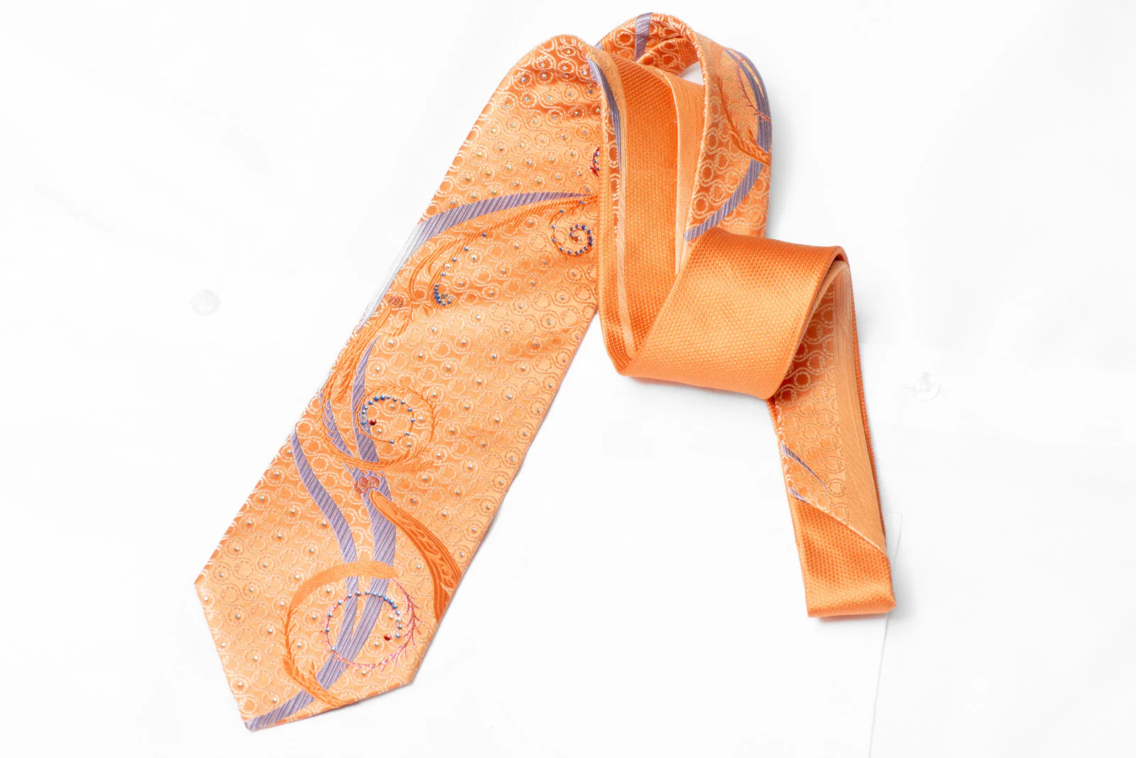 Silver Scrolls On Orange Rhinestone Silk Tie With Pink Sparkles - Image 3
