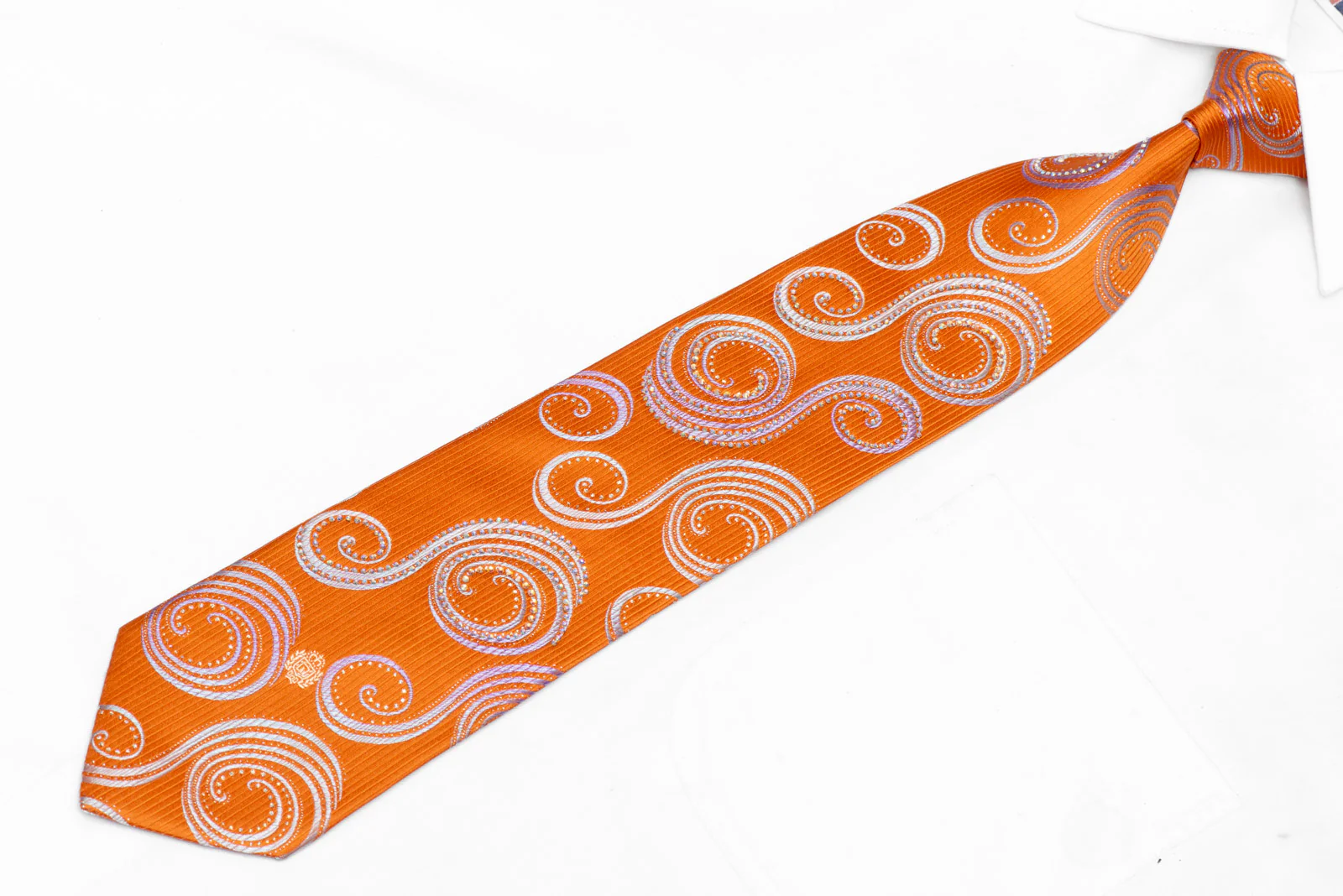 Silver Scrolls On Orange Rhinestone Silk Tie With Sparkles - Image 2