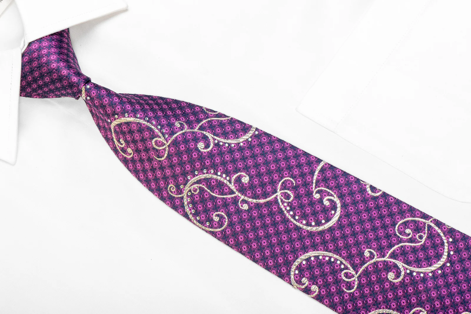 Silver Scrolls On Purple Rhinestone Silk Necktie With Silver Sparkles - Image 2