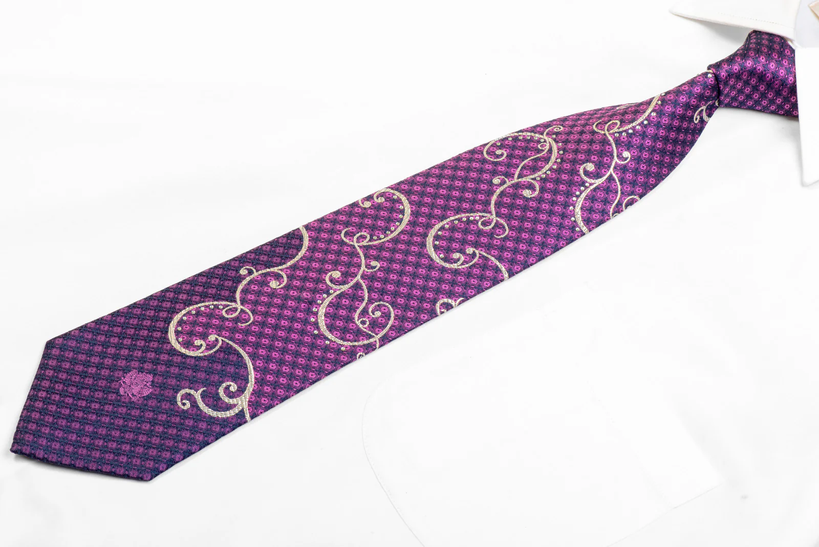 Silver Scrolls On Purple Rhinestone Silk Necktie With Silver Sparkles - Image 3