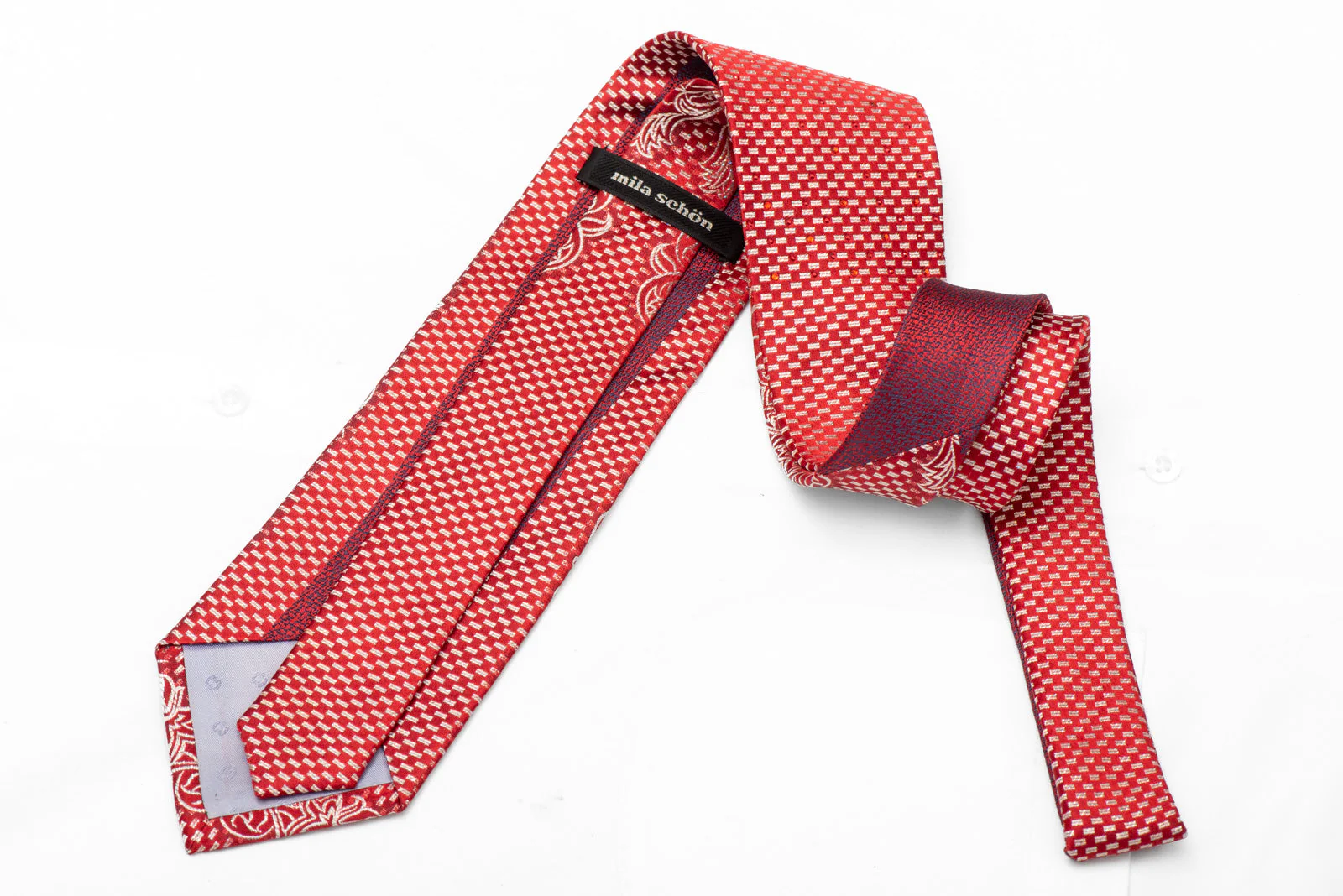 Silver Scrolls On Red Rhinestone Silk Tie With Silver Sparkles - Image 3
